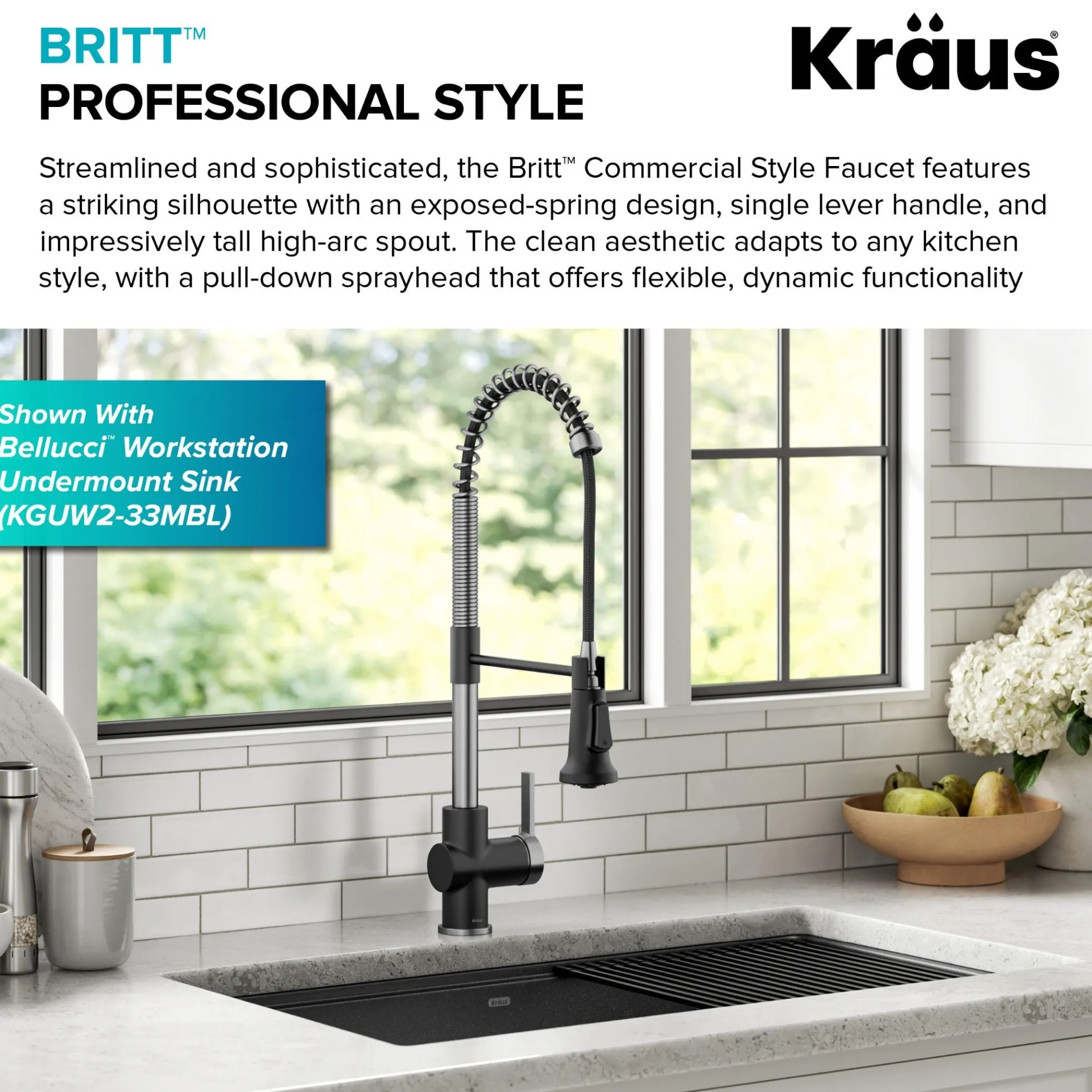Commercial Style Single Handle Pull Down Kitchen Faucet in Spot-Free Stainless Steel/Matte Black