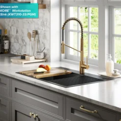 Commercial Style Single Handle Pull Down Kitchen Faucet with QuickDock Top Mount Installation Assembly in Brushed Brass