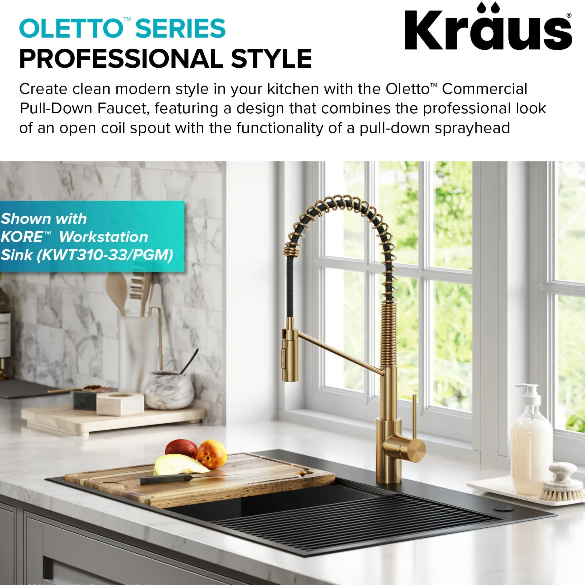 Commercial Style Single Handle Pull Down Kitchen Faucet with QuickDock Top Mount Installation Assembly in Brushed Brass