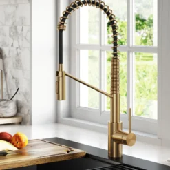 Commercial Style Single Handle Pull Down Kitchen Faucet with QuickDock Top Mount Installation Assembly in Brushed Brass
