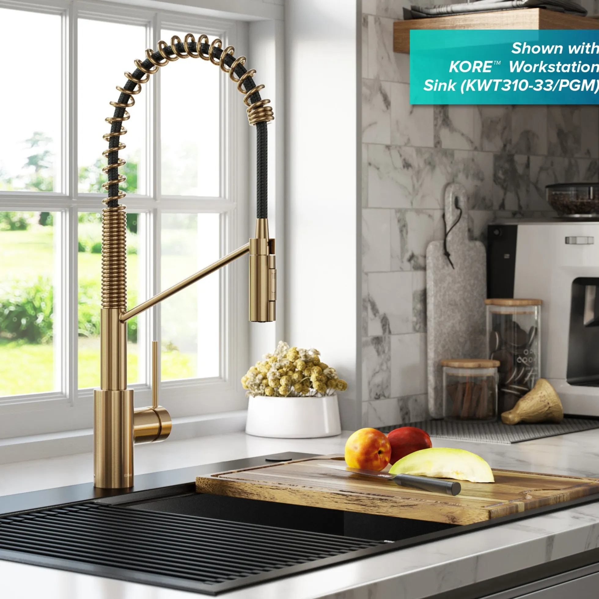 Commercial Style Single Handle Pull Down Kitchen Faucet with QuickDock Top Mount Installation Assembly in Brushed Brass