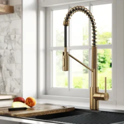 Commercial Style Single Handle Pull Down Kitchen Faucet with QuickDock Top Mount Installation Assembly in Brushed Brass