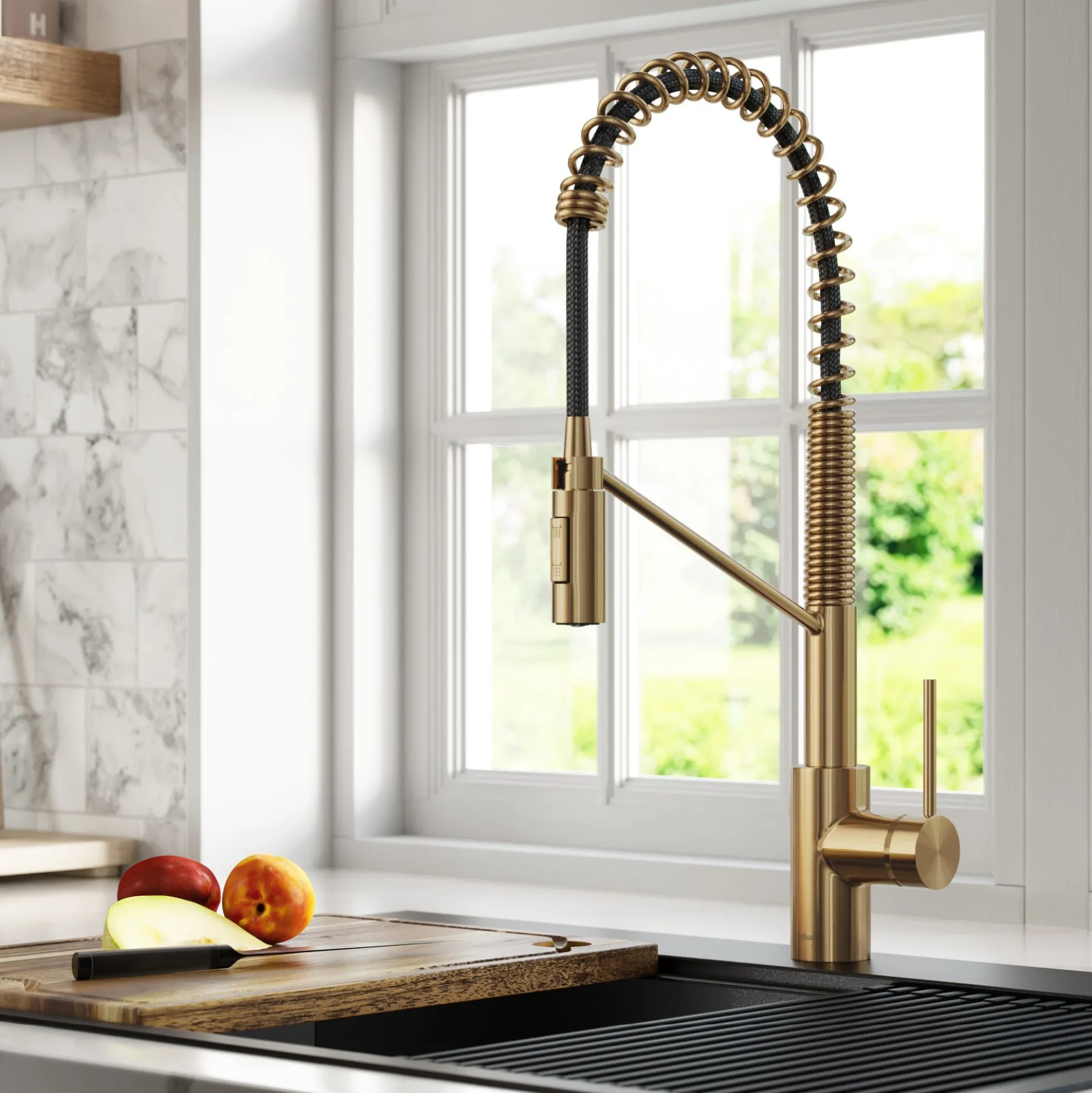 Commercial Style Single Handle Pull Down Kitchen Faucet with QuickDock Top Mount Installation Assembly in Brushed Brass