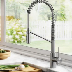 Commercial Style Single Handle Pull Down Kitchen Faucet with QuickDock Top Mount Installation Assembly in Spot Free Stainless Steel