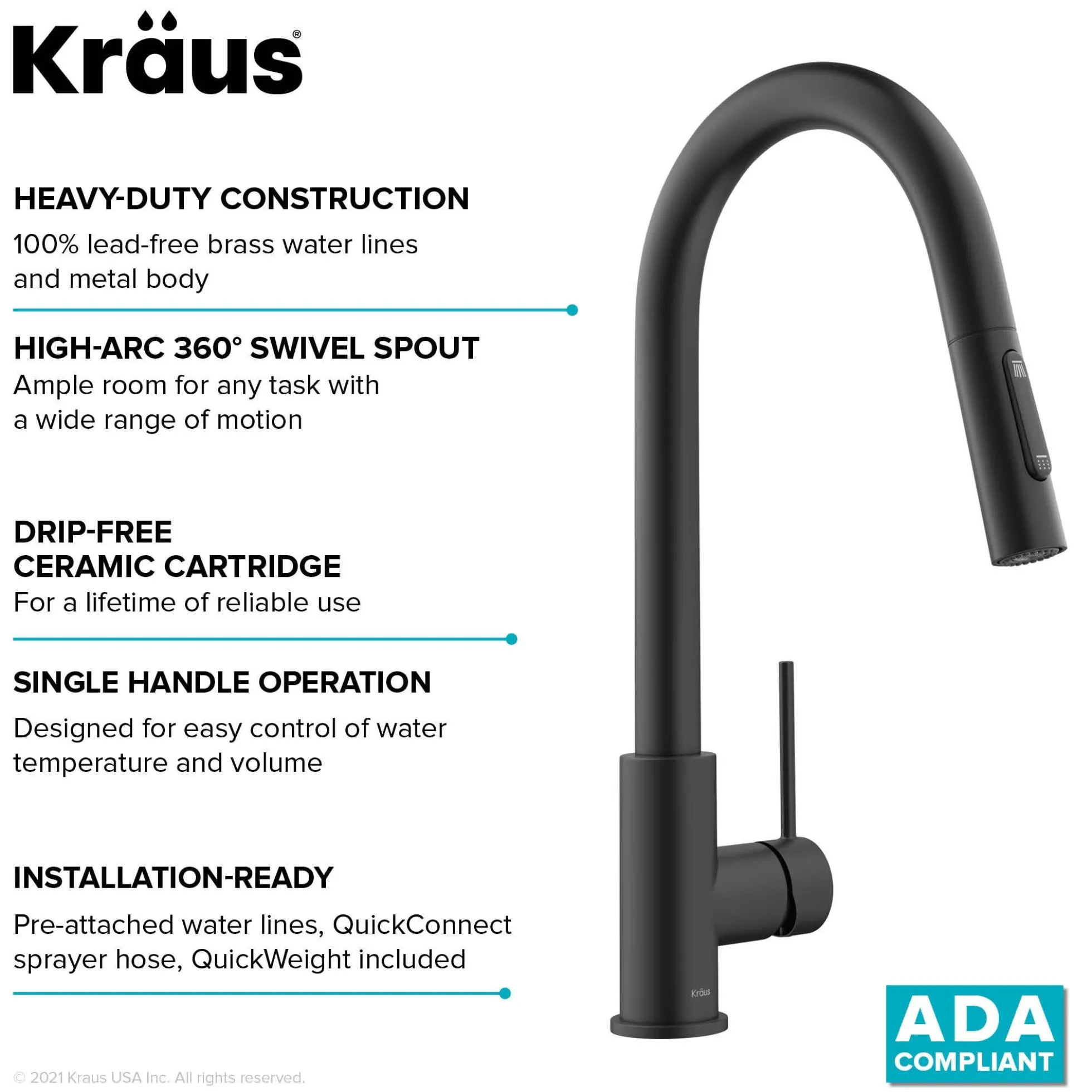 Contemporary Pull-Down Single Handle Kitchen Faucet in Matte Black