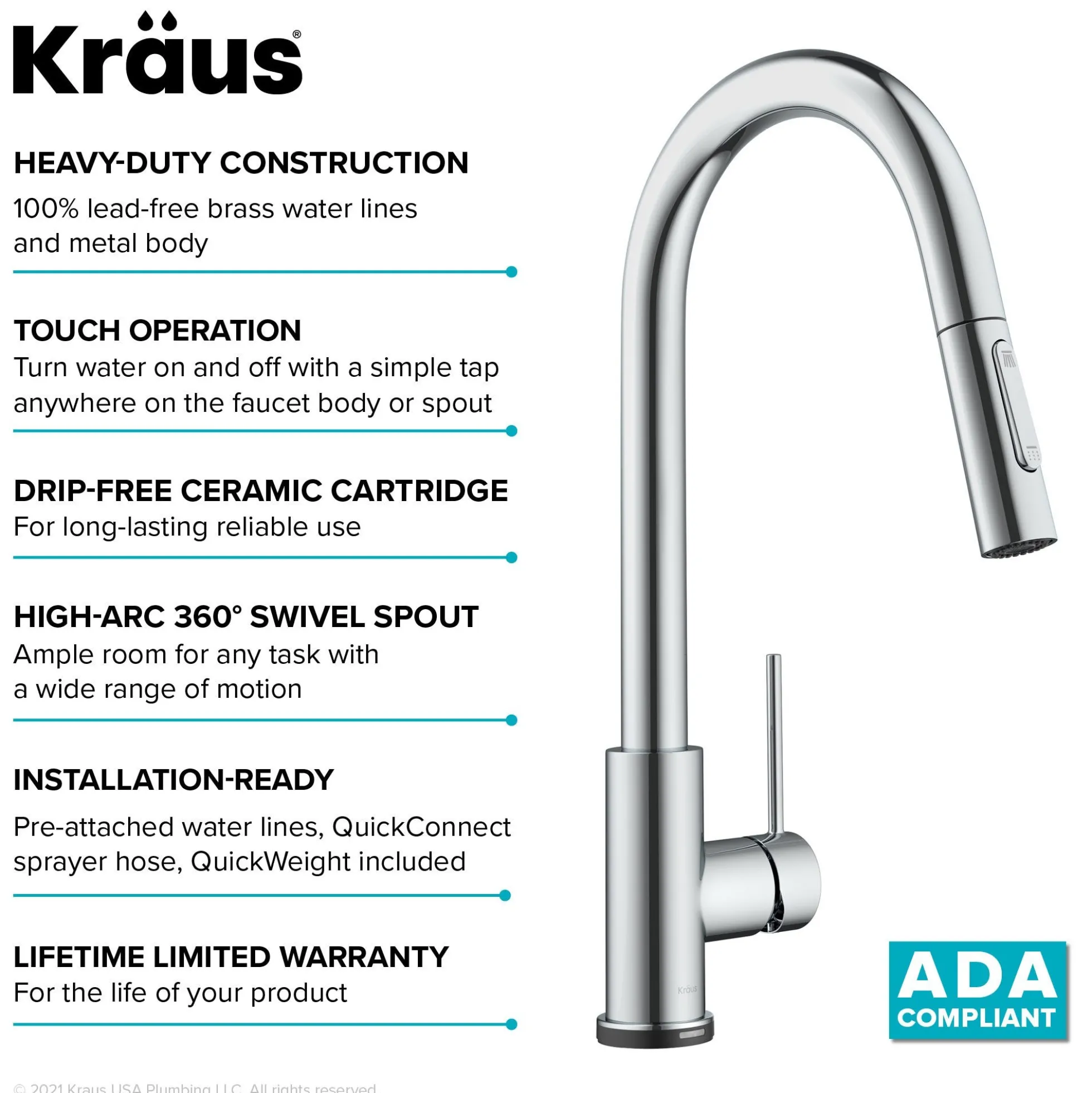 ContemporarySingle-HandleTouch KitchenSink Faucet with Pull Down Sprayerin Chrome