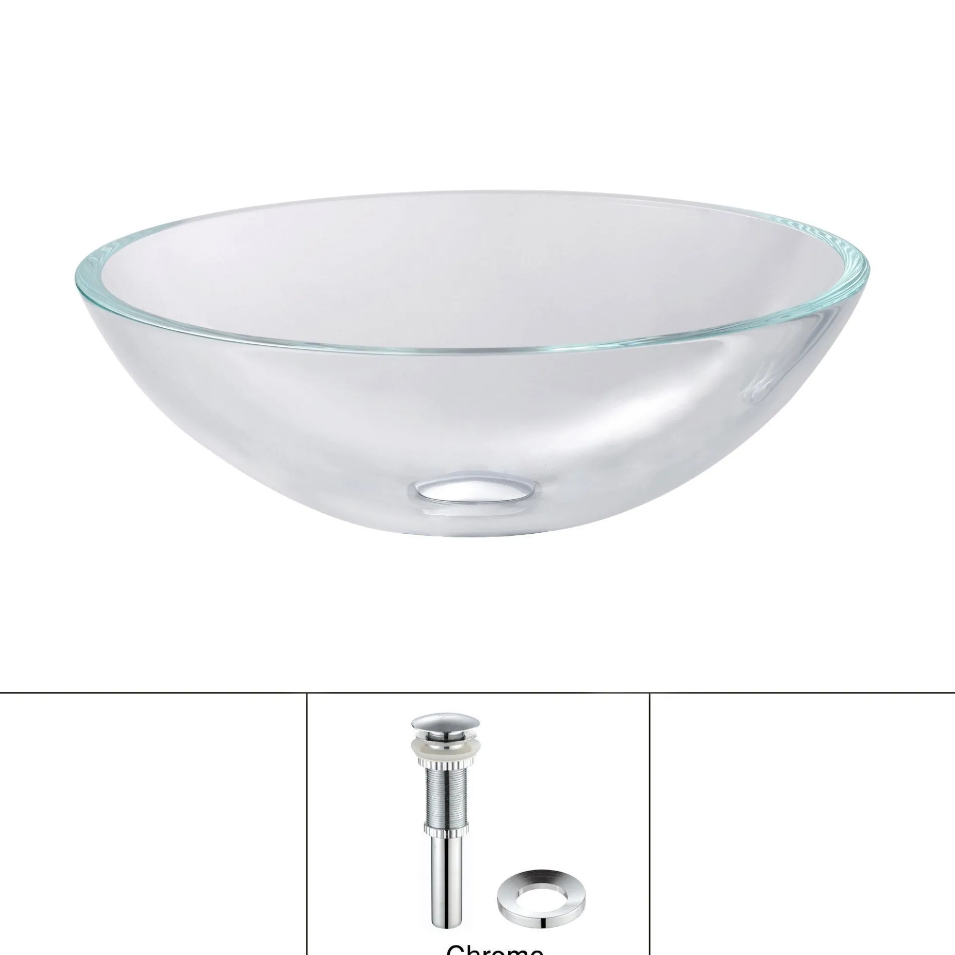 Crystal Clear Glass Vessel 16 1/2" Bathroom Sink w/ Pop-Up Drain in Chrome