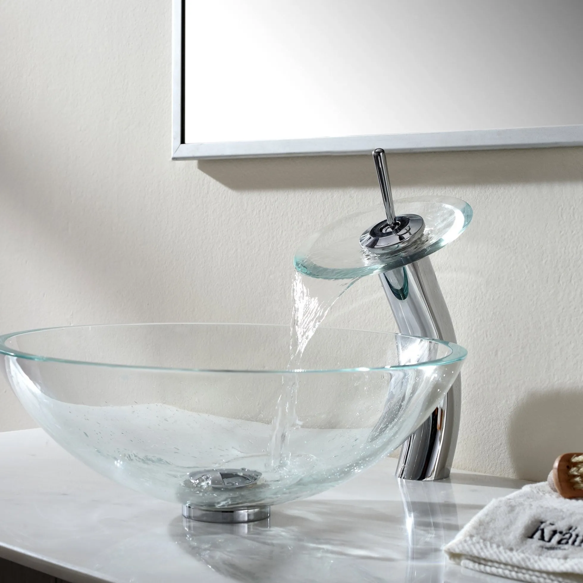 Crystal Clear Glass Vessel 16 1/2" Bathroom Sink w/ Pop-Up Drain in Chrome