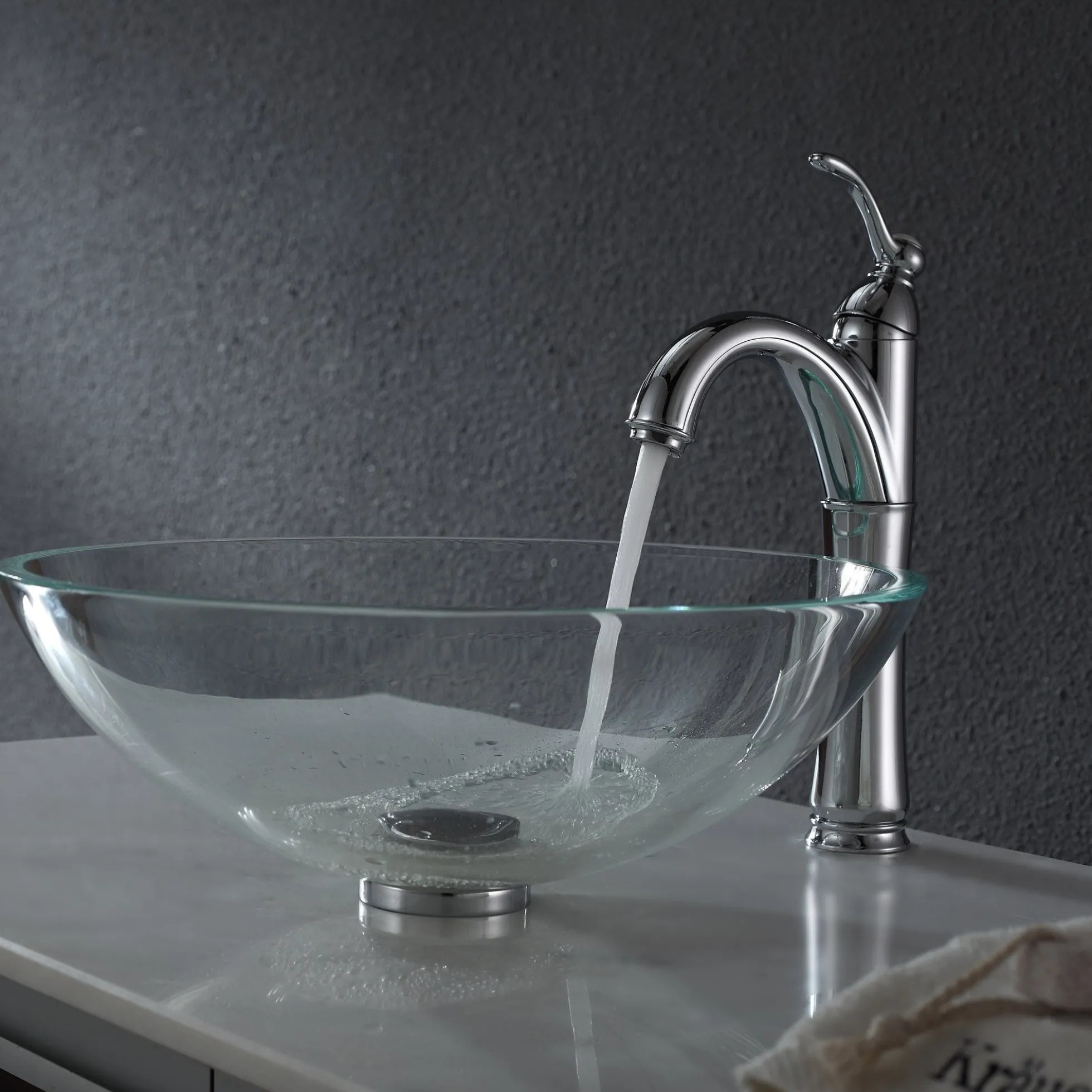 Crystal Clear Glass Vessel 16 1/2" Bathroom Sink w/ Pop-Up Drain in Chrome