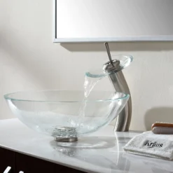 Crystal Clear Glass Vessel 16 1/2" Bathroom Sink w/ Pop-Up Drain in Satin Nickel