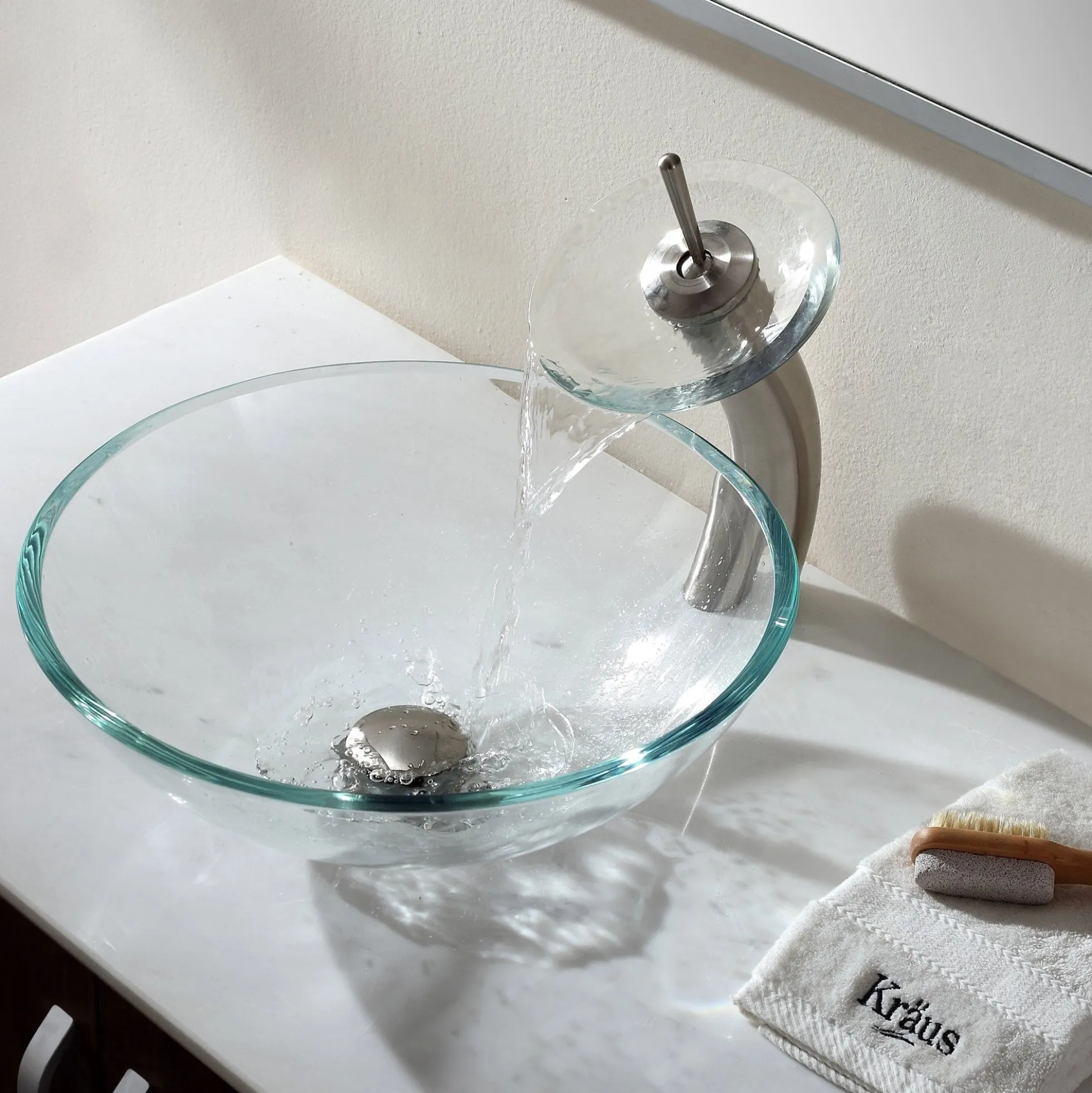 Crystal Clear Glass Vessel 16 1/2" Bathroom Sink w/ Pop-Up Drain in Satin Nickel