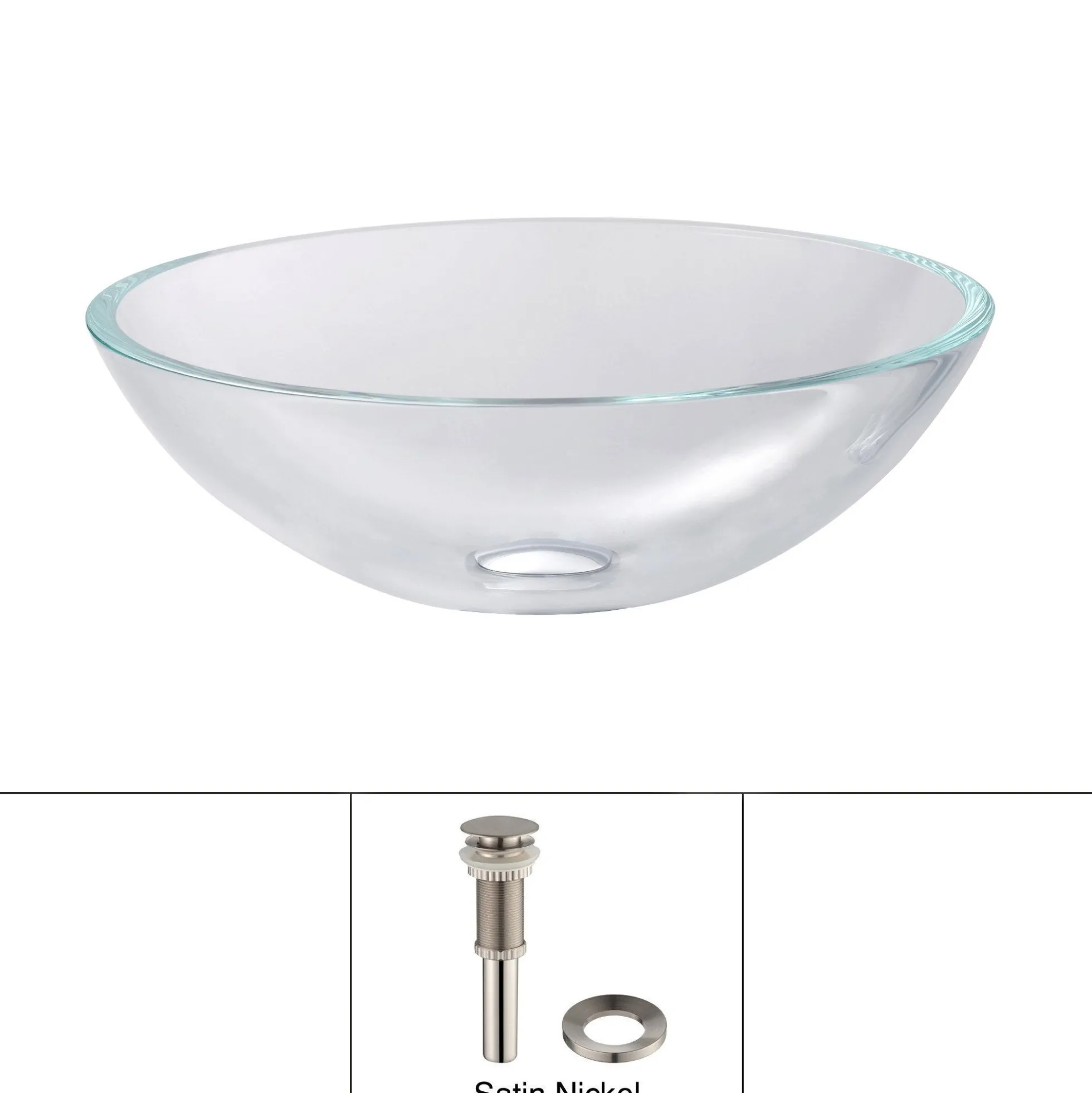 Crystal Clear Glass Vessel 16 1/2" Bathroom Sink w/ Pop-Up Drain in Satin Nickel