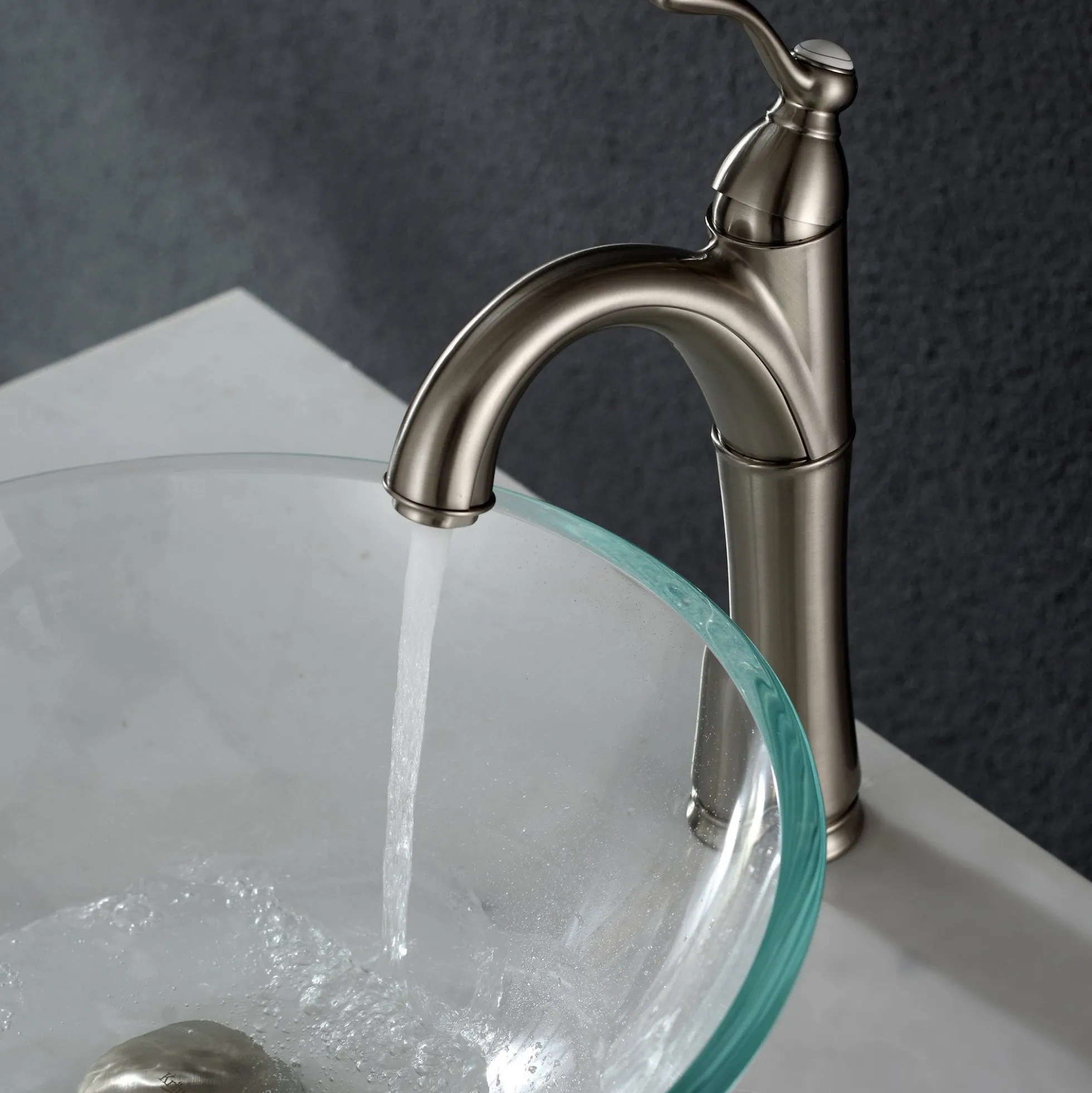 Crystal Clear Glass Vessel 16 1/2" Bathroom Sink w/ Pop-Up Drain in Satin Nickel