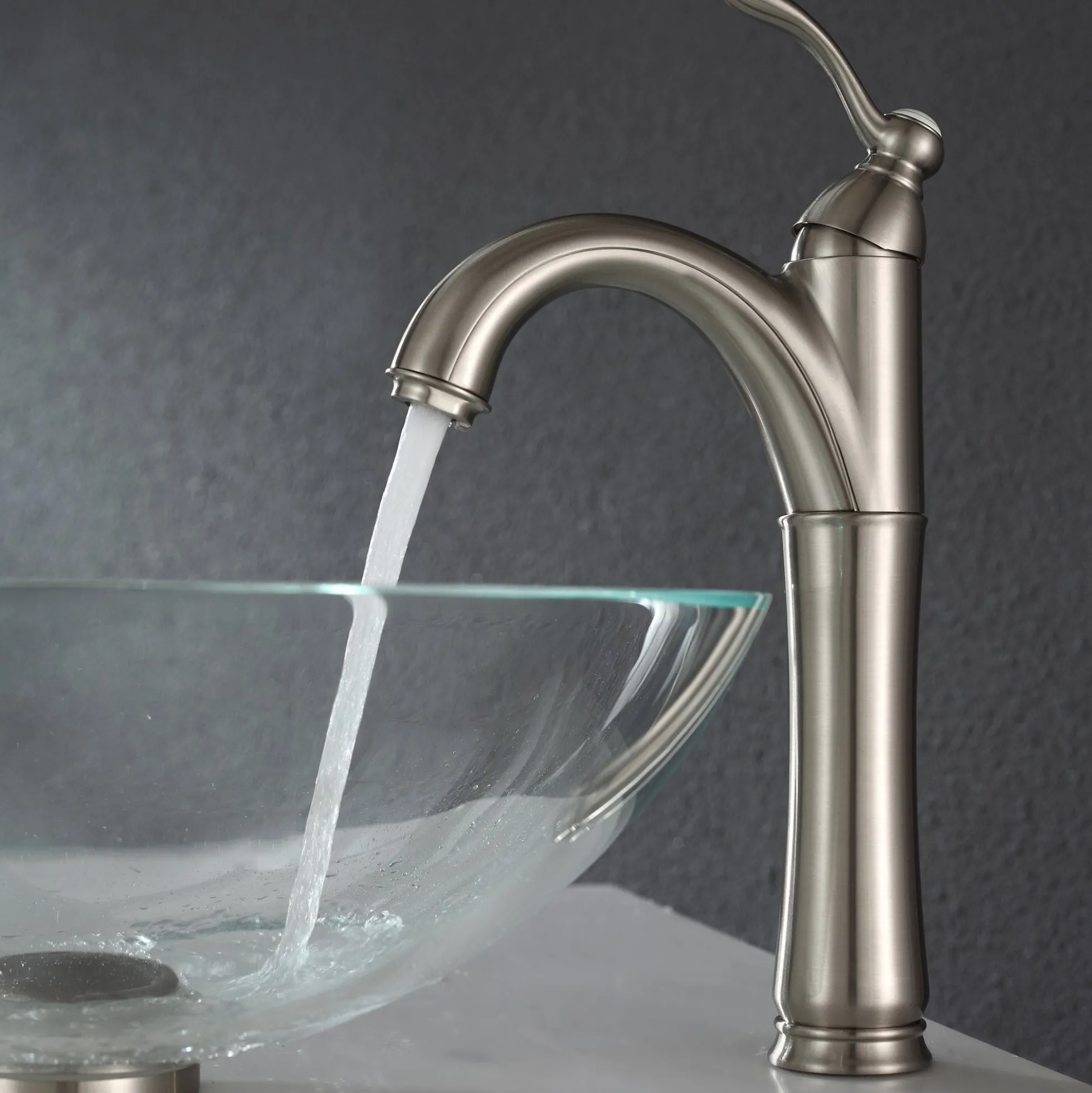 Crystal Clear Glass Vessel 16 1/2" Bathroom Sink w/ Pop-Up Drain in Satin Nickel