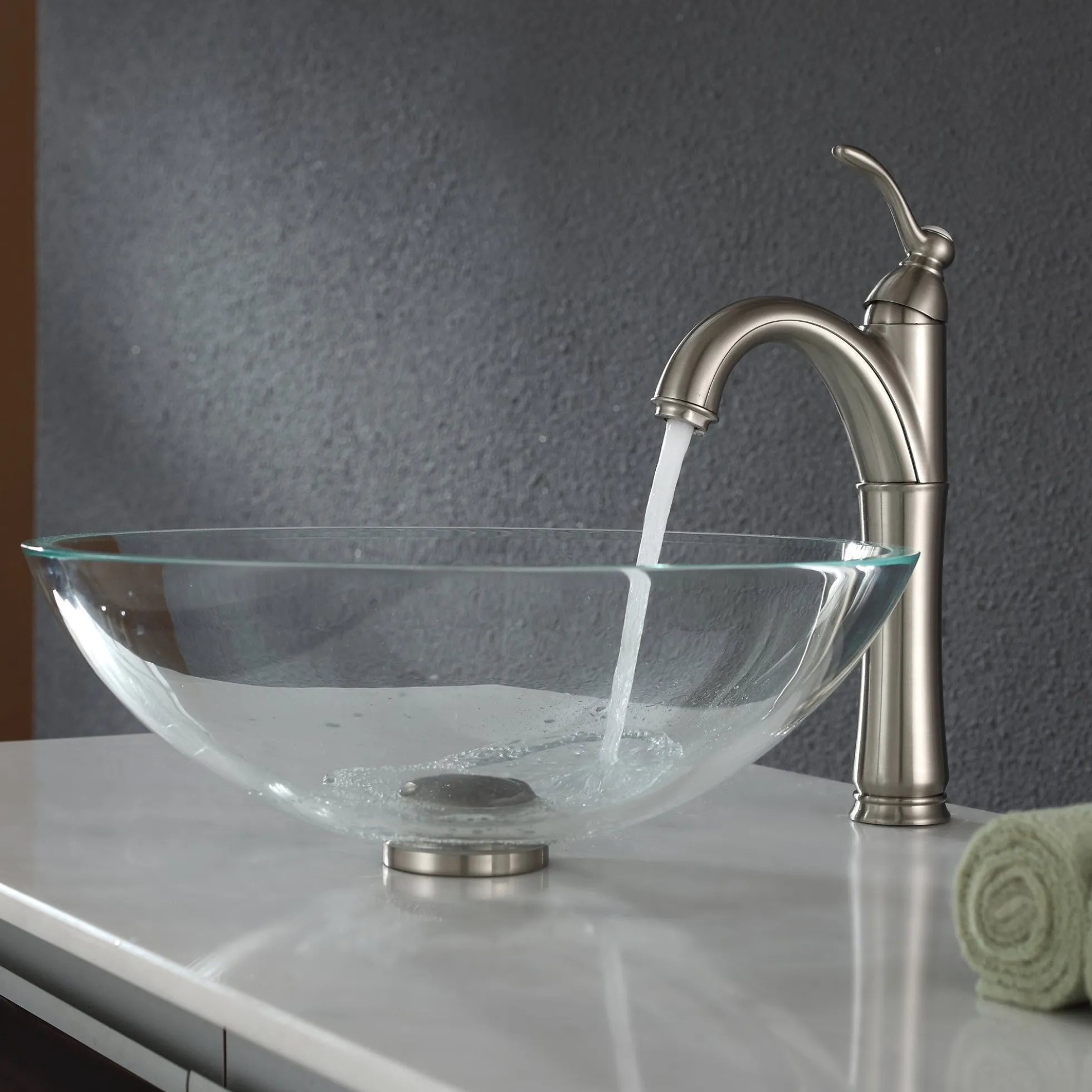 Crystal Clear Glass Vessel 16 1/2" Bathroom Sink w/ Pop-Up Drain in Satin Nickel