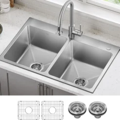 33” Drop In / Top Mount Double Bowl 18-Gauge Stainless Steel Kitchen Sink