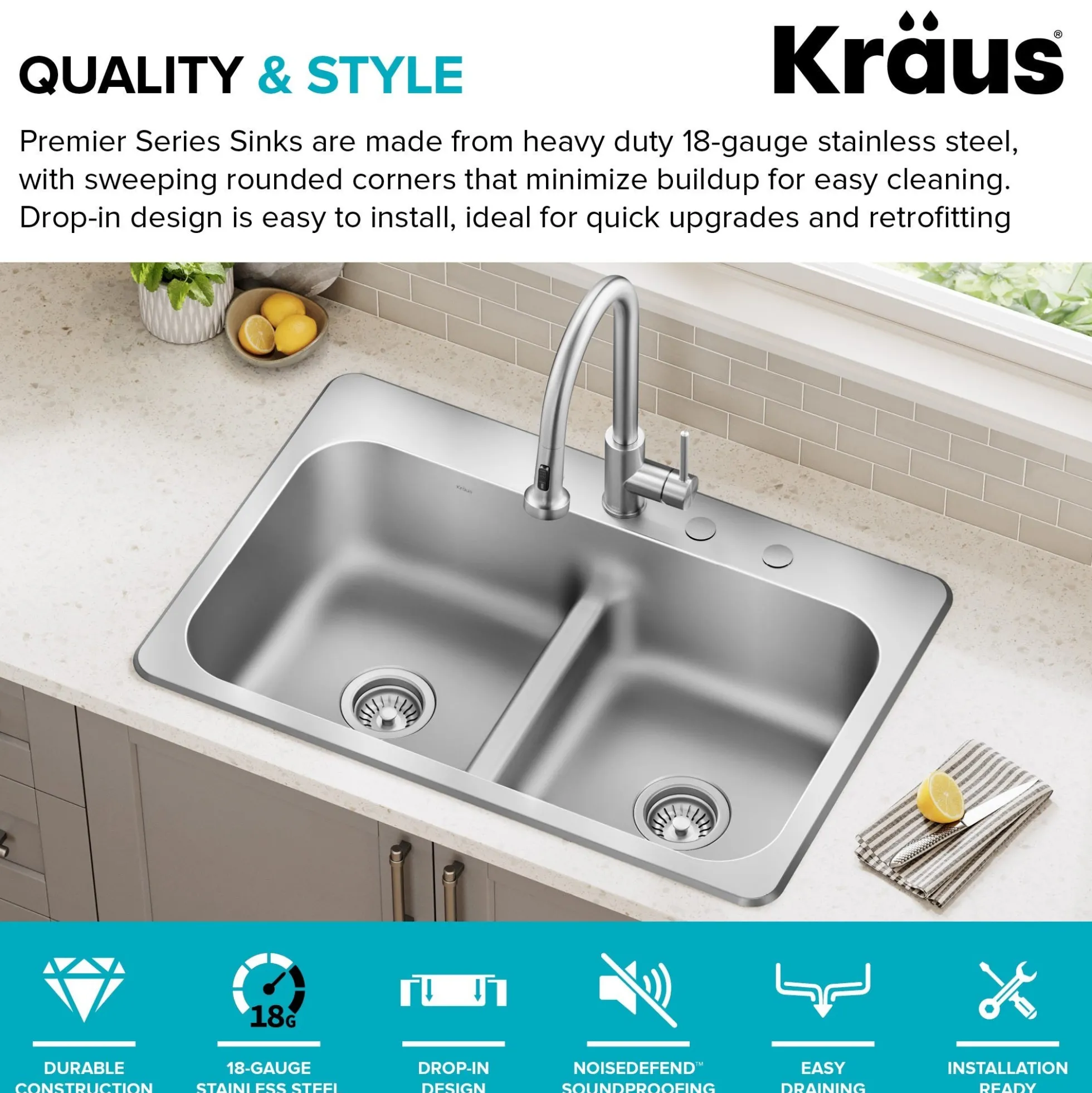 33” Drop In / Top Mount Double Bowl 18-Gauge Stainless Steel Kitchen Sink