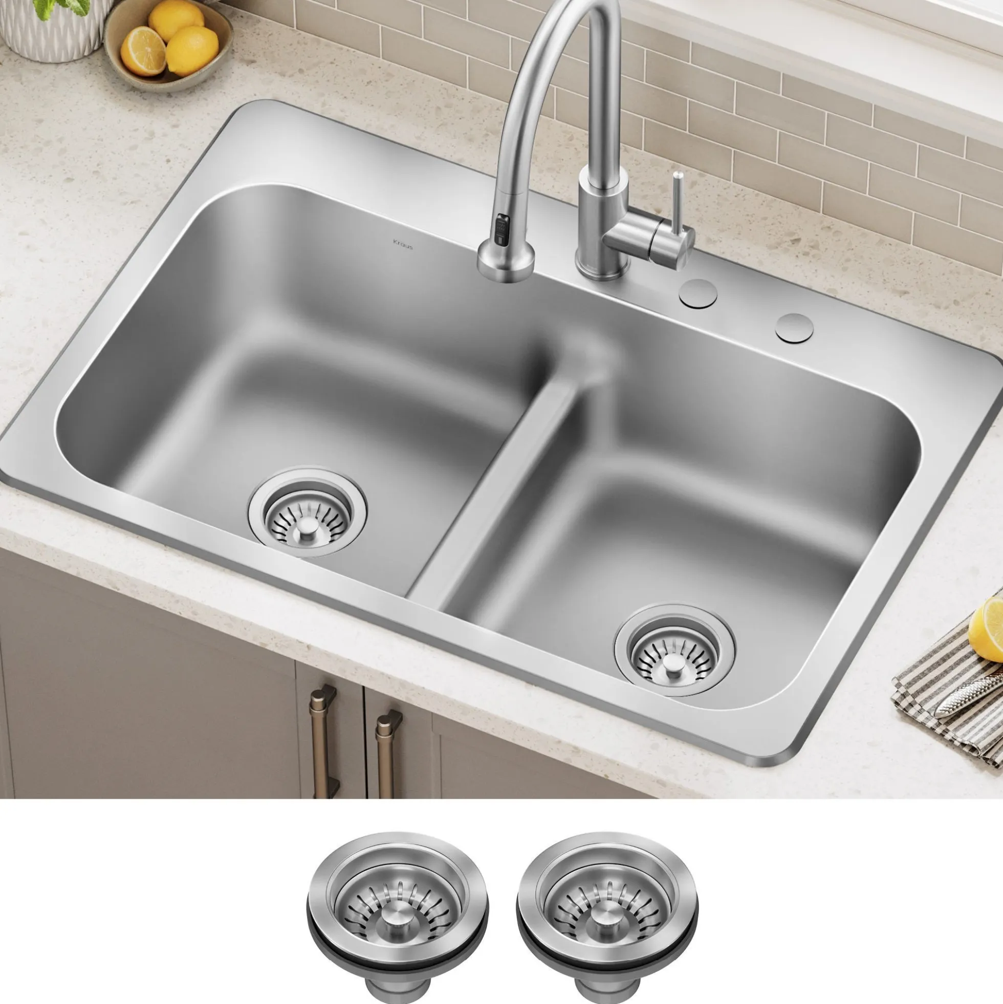 33” Drop In / Top Mount Double Bowl 18-Gauge Stainless Steel Kitchen Sink