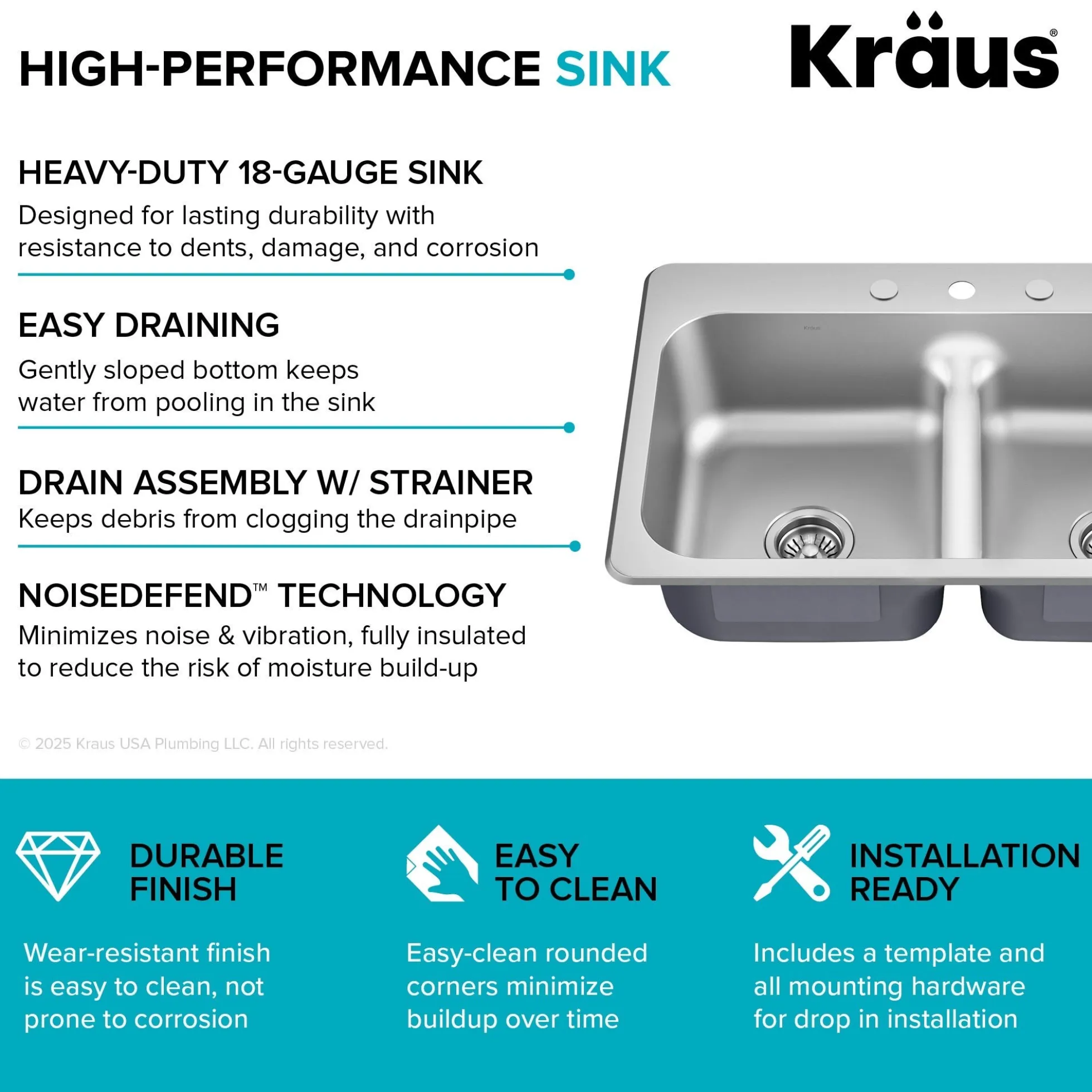 33” Drop In / Top Mount Double Bowl 18-Gauge Stainless Steel Kitchen Sink