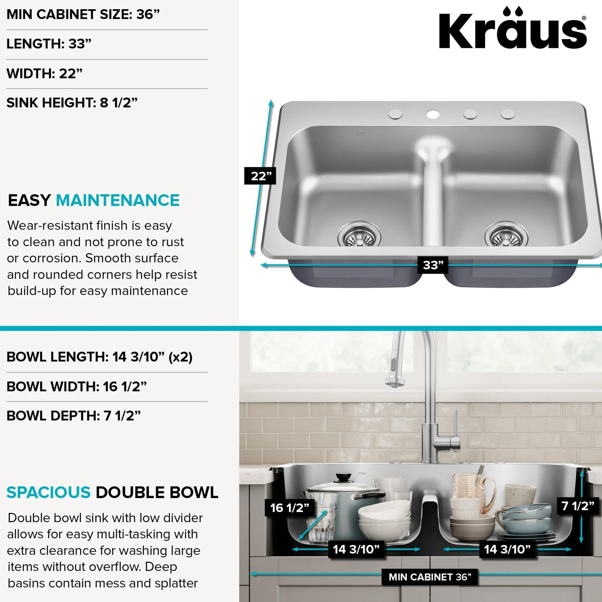 33” Drop In / Top Mount Double Bowl 18-Gauge Stainless Steel Kitchen Sink