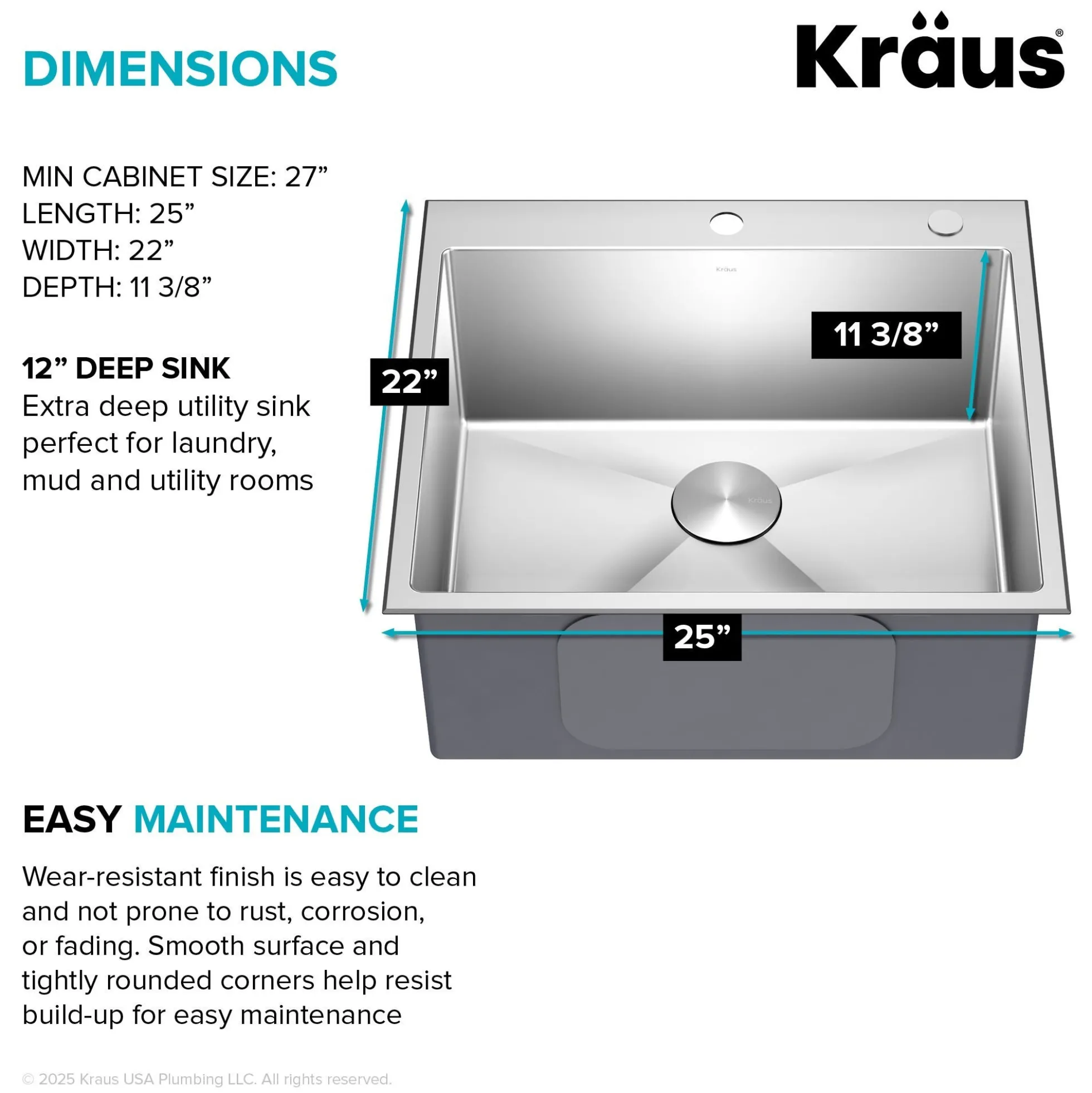 25" Drop In / Top Mount 16 Gauge Deep Laundry Utility Stainless Steel Kitchen Sink