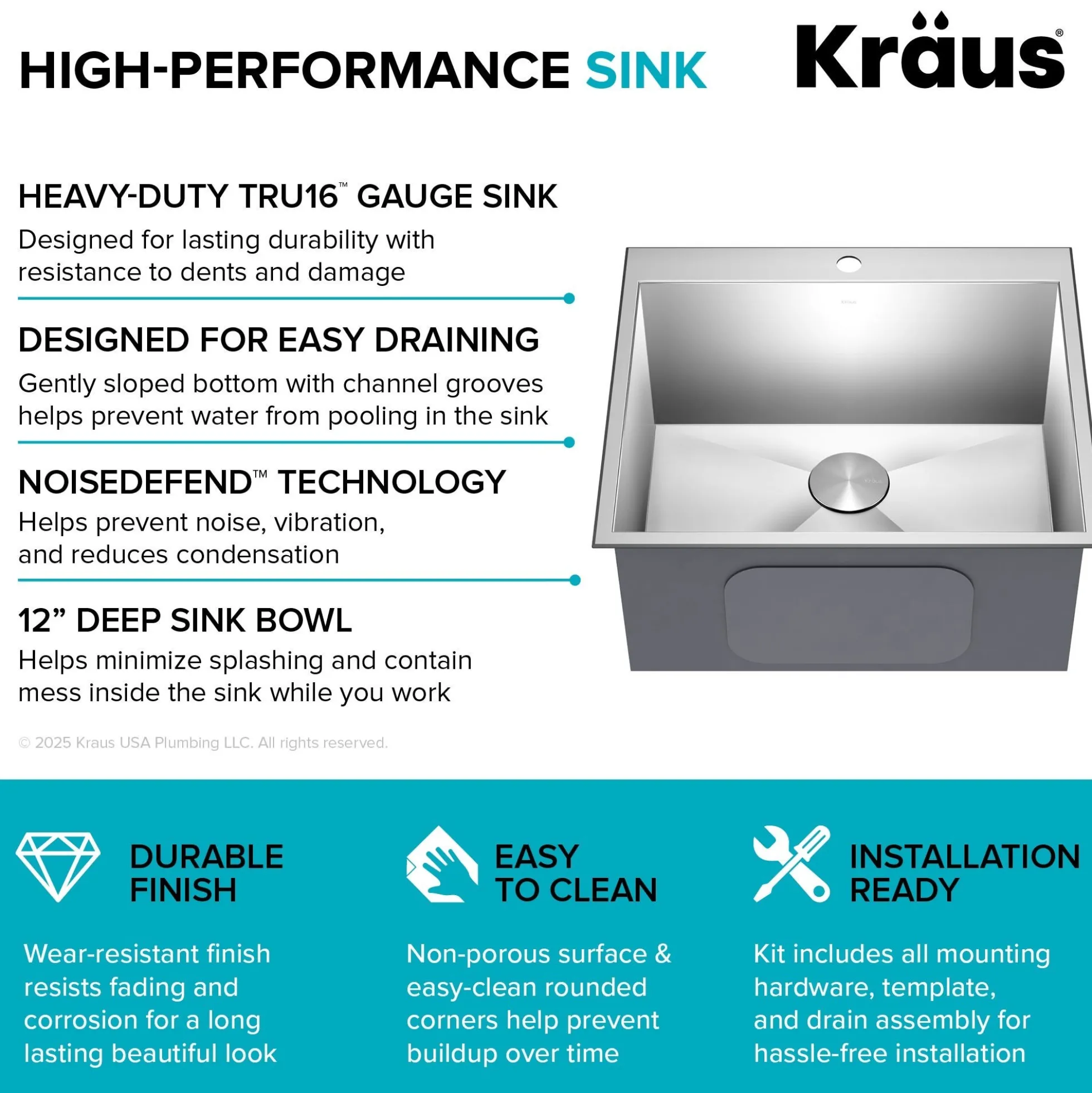 25" Drop In / Top Mount 16 Gauge Deep Laundry Utility Stainless Steel Kitchen Sink