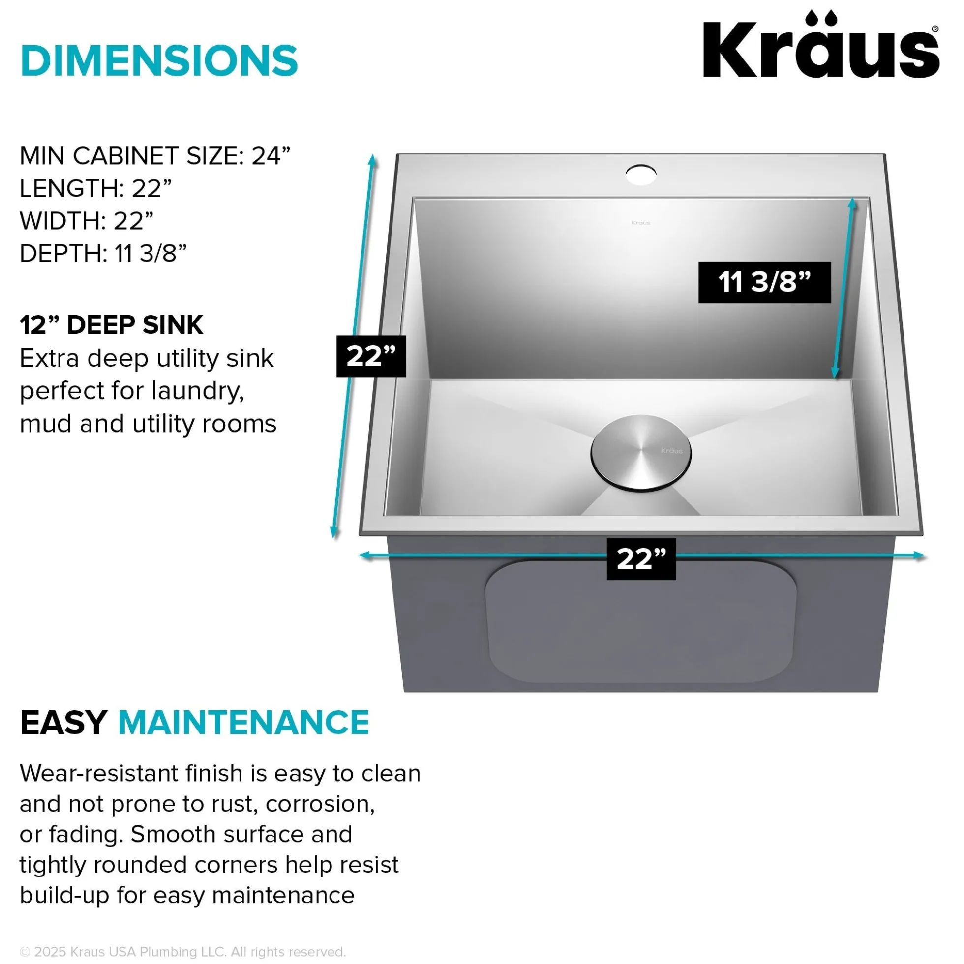 22" Drop In / Top Mount 16 Gauge Deep Laundry Utility Stainless Steel Kitchen Sink