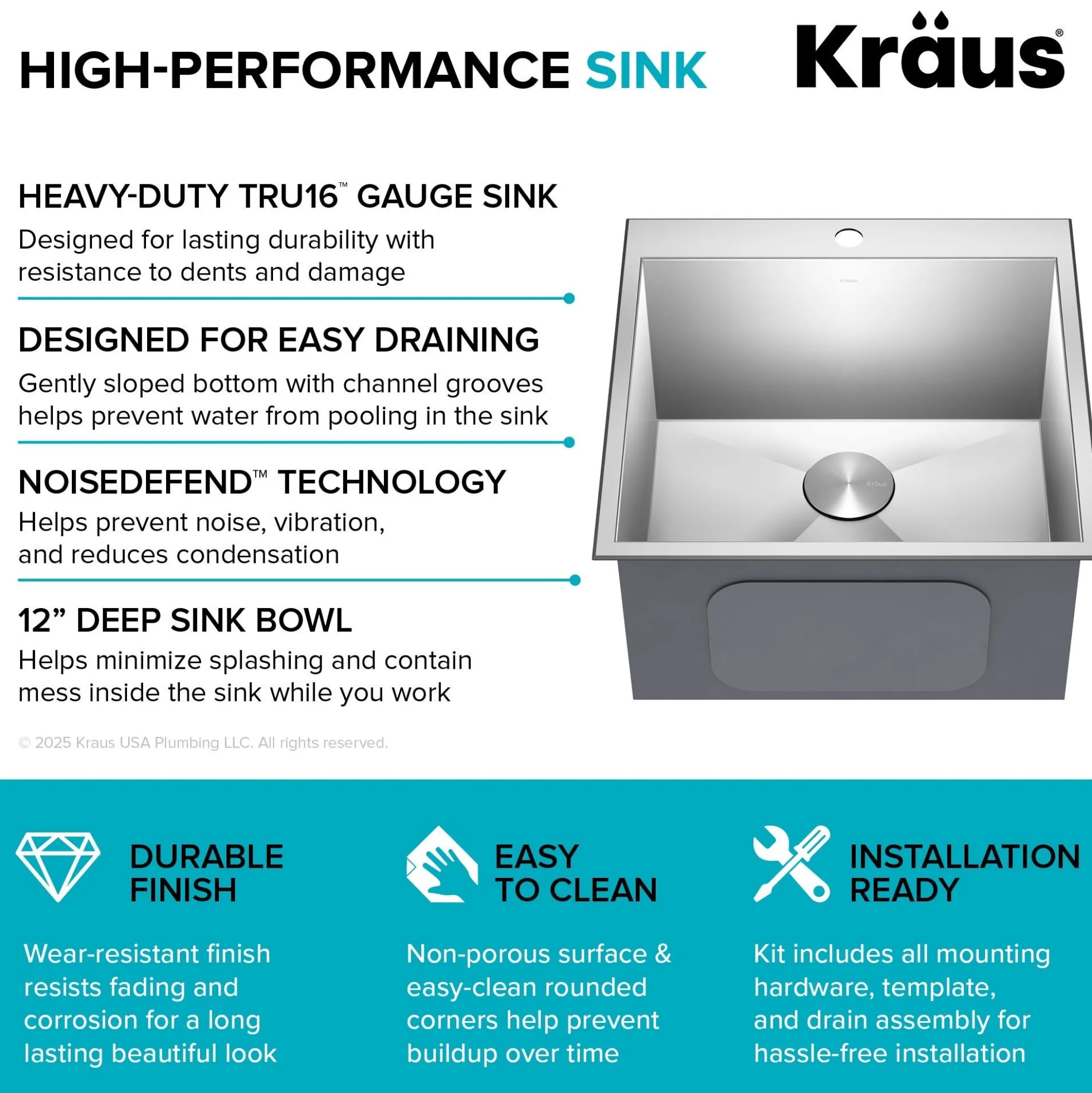 22" Drop In / Top Mount 16 Gauge Deep Laundry Utility Stainless Steel Kitchen Sink