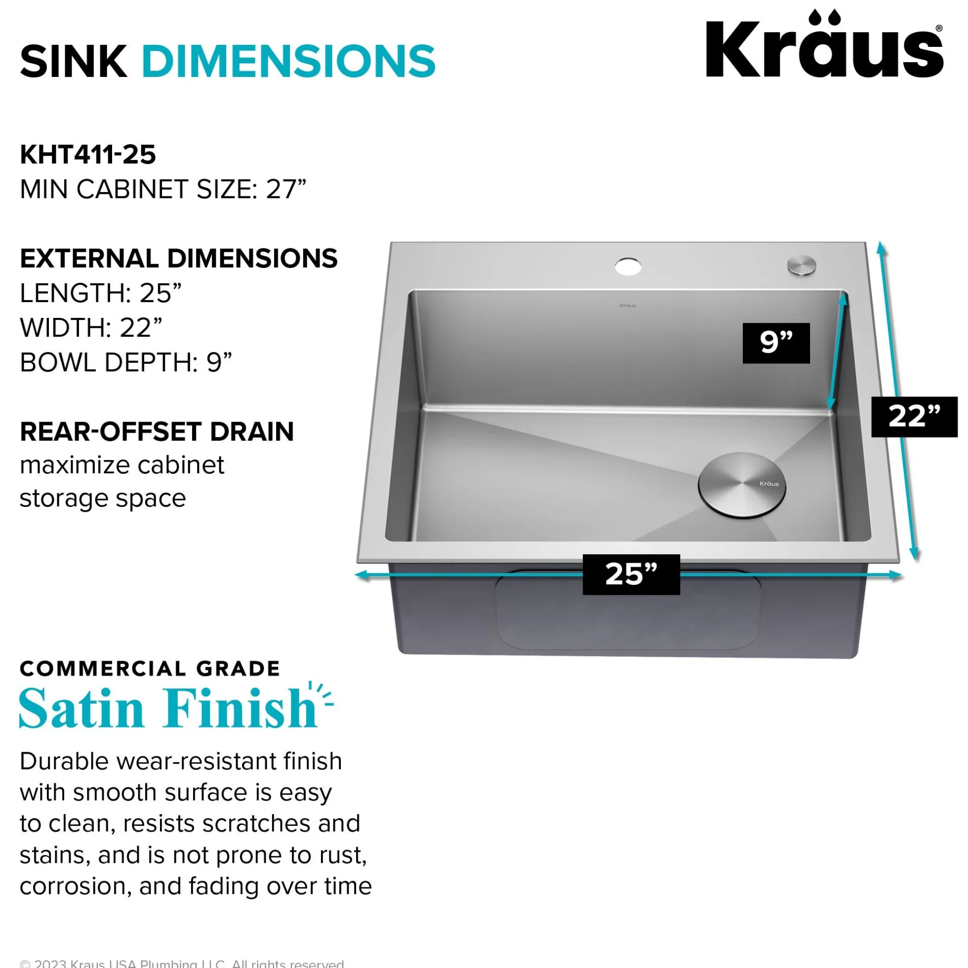 25" Drop-In/Top Mount 18 Gauge Stainless Steel Single Bowl Kitchen Sink