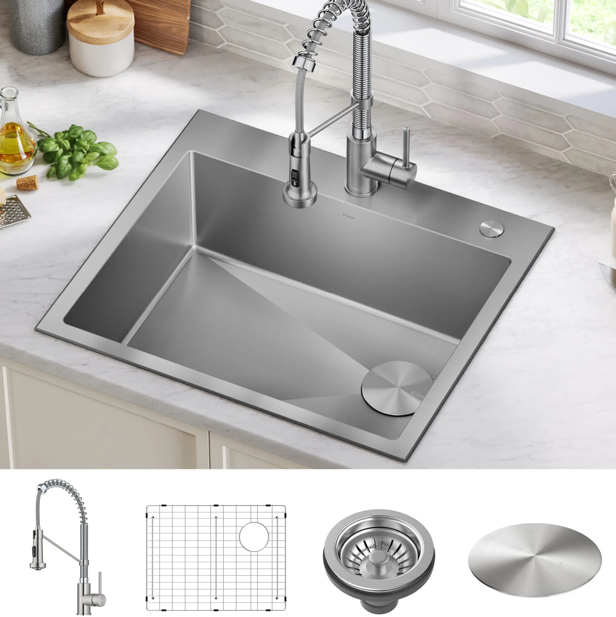 25" Drop-In/Top Mount Kitchen Sink w/ Bolden Commercial Pull-Down Faucet in Spot Free Stainless Steel/Chrome