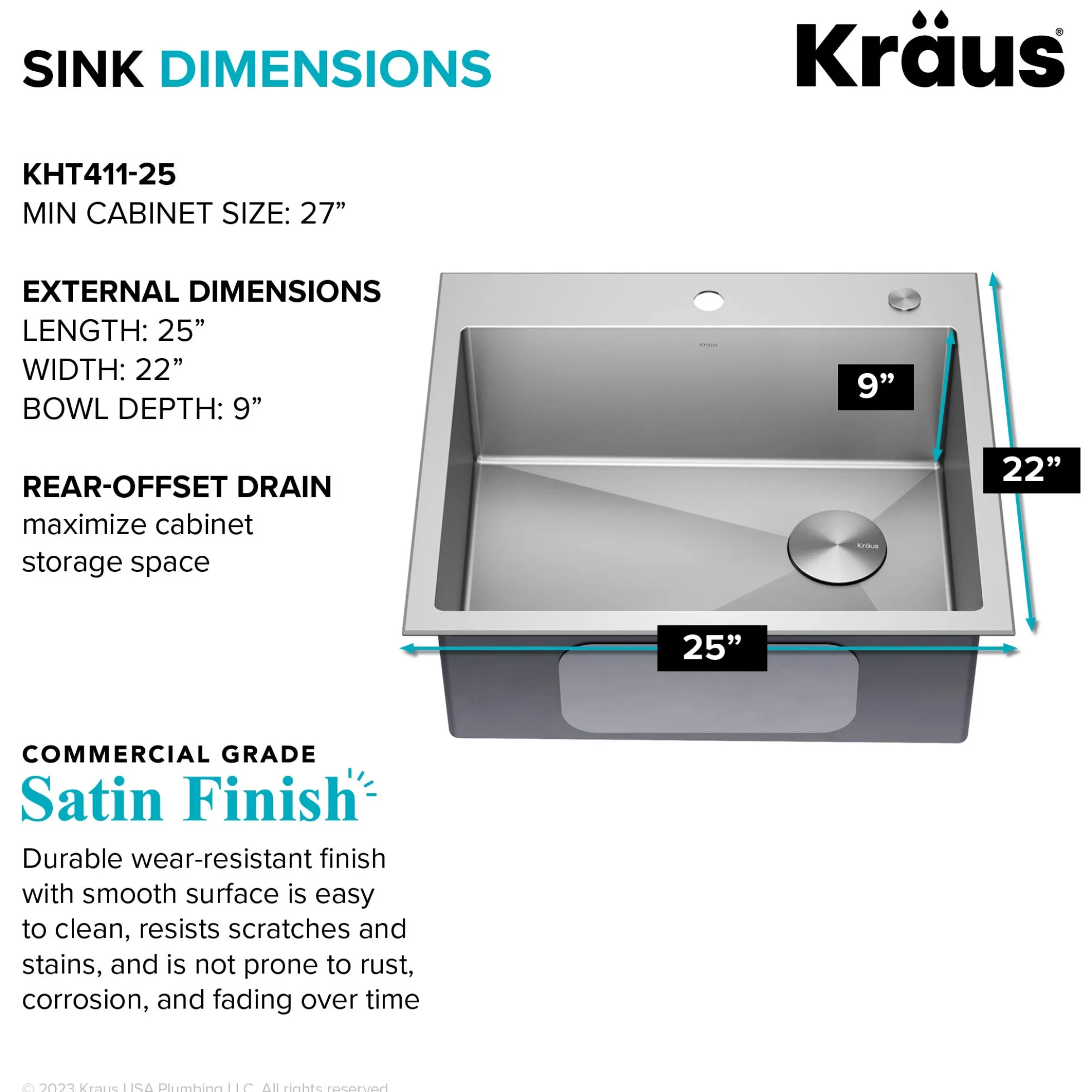 25" Drop-In/Top Mount Kitchen Sink w/ Bolden Commercial Pull-Down Faucet in Spot Free Stainless Steel/Chrome