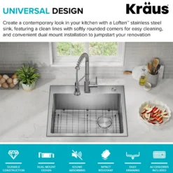25" Drop-In/Top Mount Kitchen Sink w/ Bolden Commercial Pull-Down Faucet in Spot Free Stainless Steel