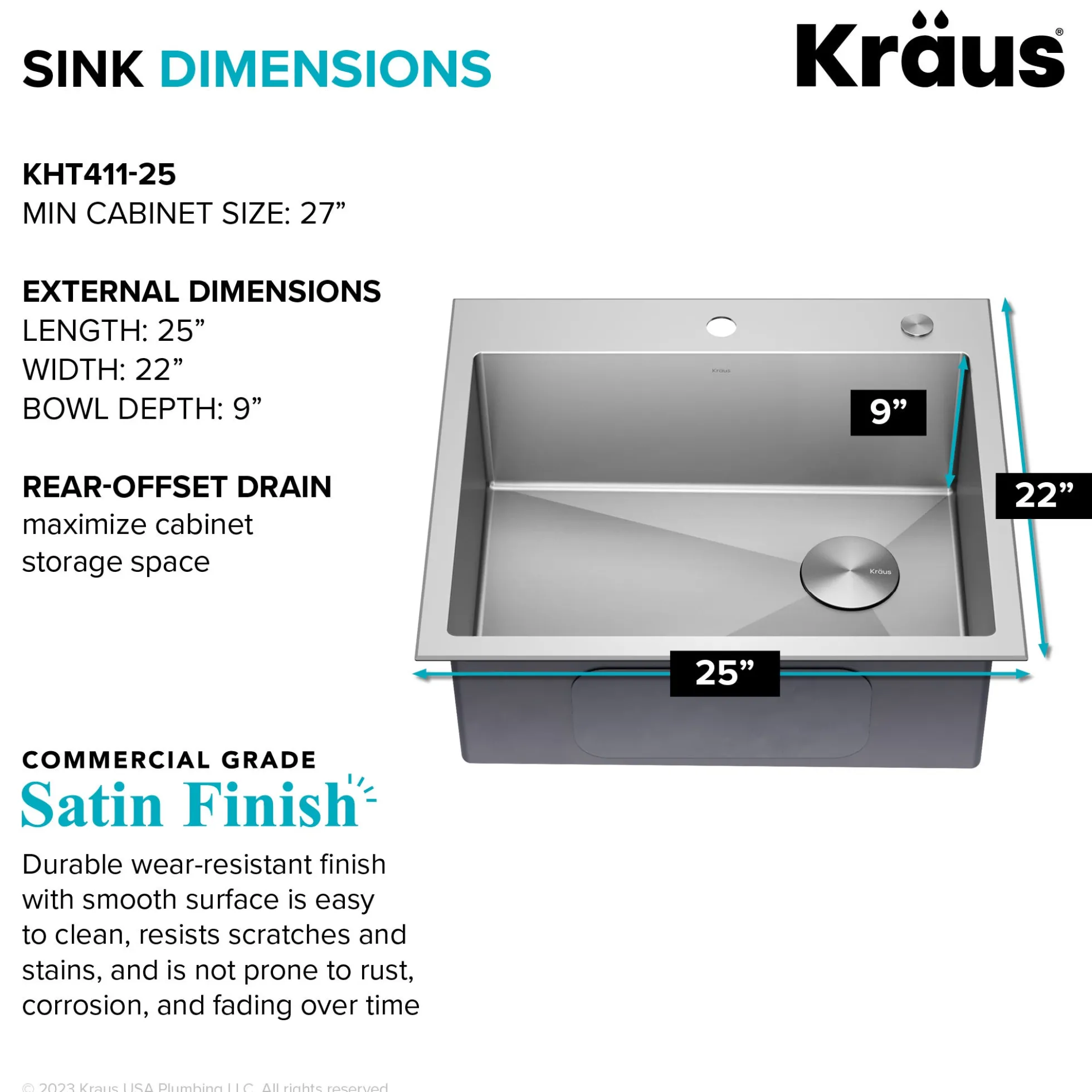 25" Drop-In/Top Mount Kitchen Sink w/ Bolden Commercial Pull-Down Faucet in Matte Black