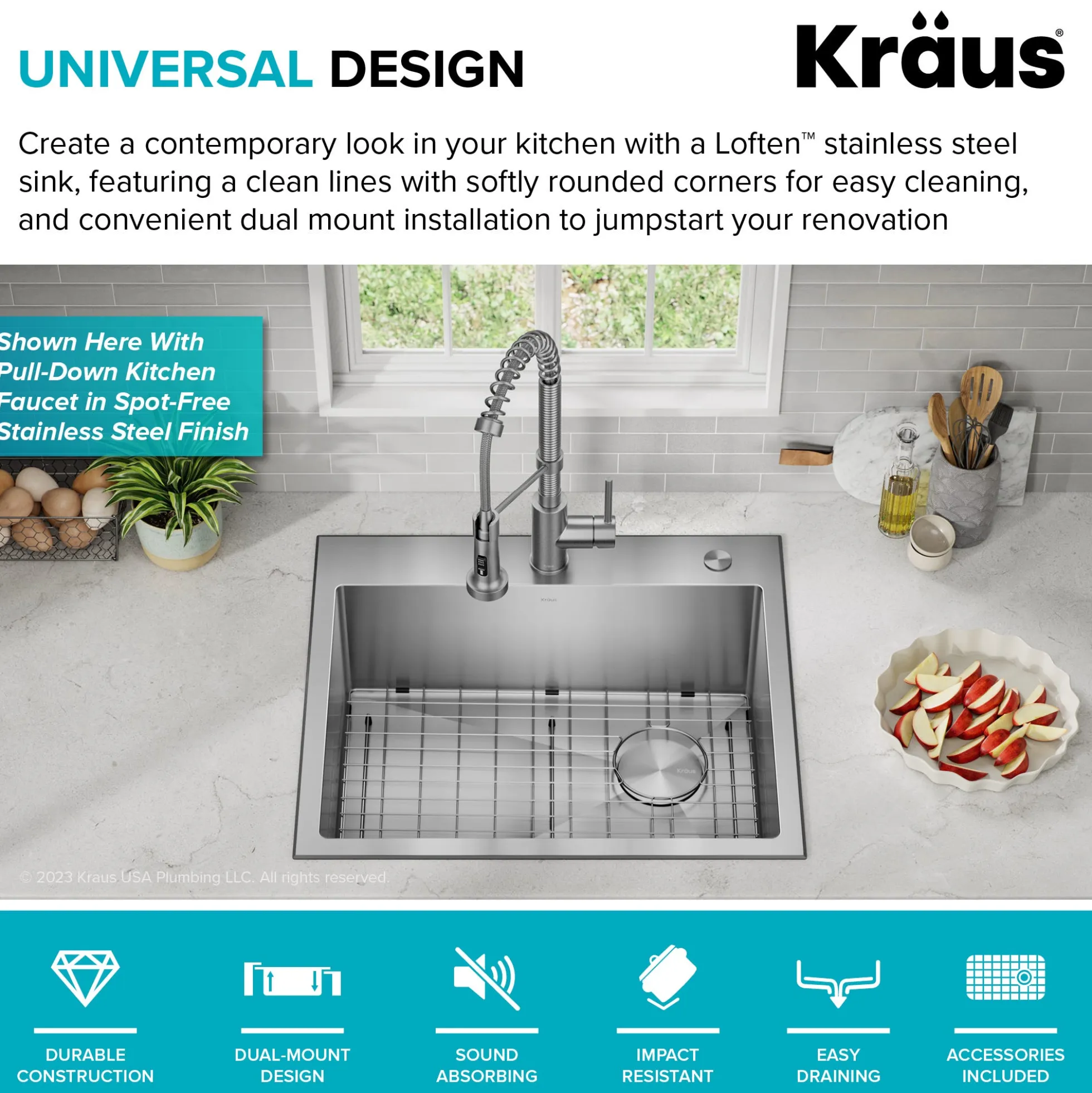 25" Drop-In/Top Mount Kitchen Sink w/ Bolden Commercial Pull-Down Faucet in Matte Black