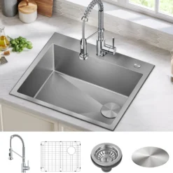 25" Drop-In/Top Mount Kitchen Sink w/ Bolden Commercial Pull-Down Faucet in Chrome
