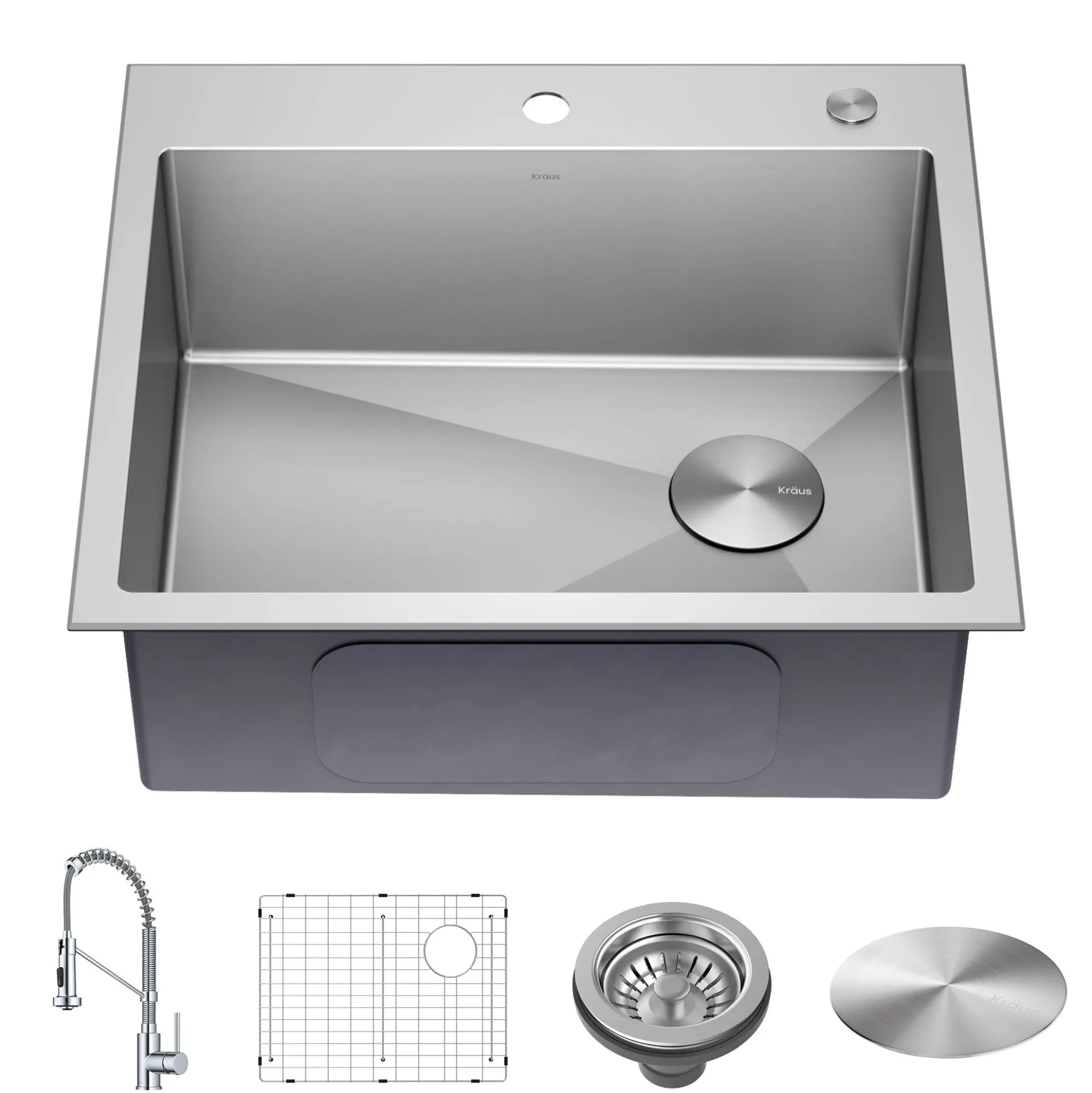 25" Drop-In/Top Mount Kitchen Sink w/ Bolden Commercial Pull-Down Faucet in Chrome