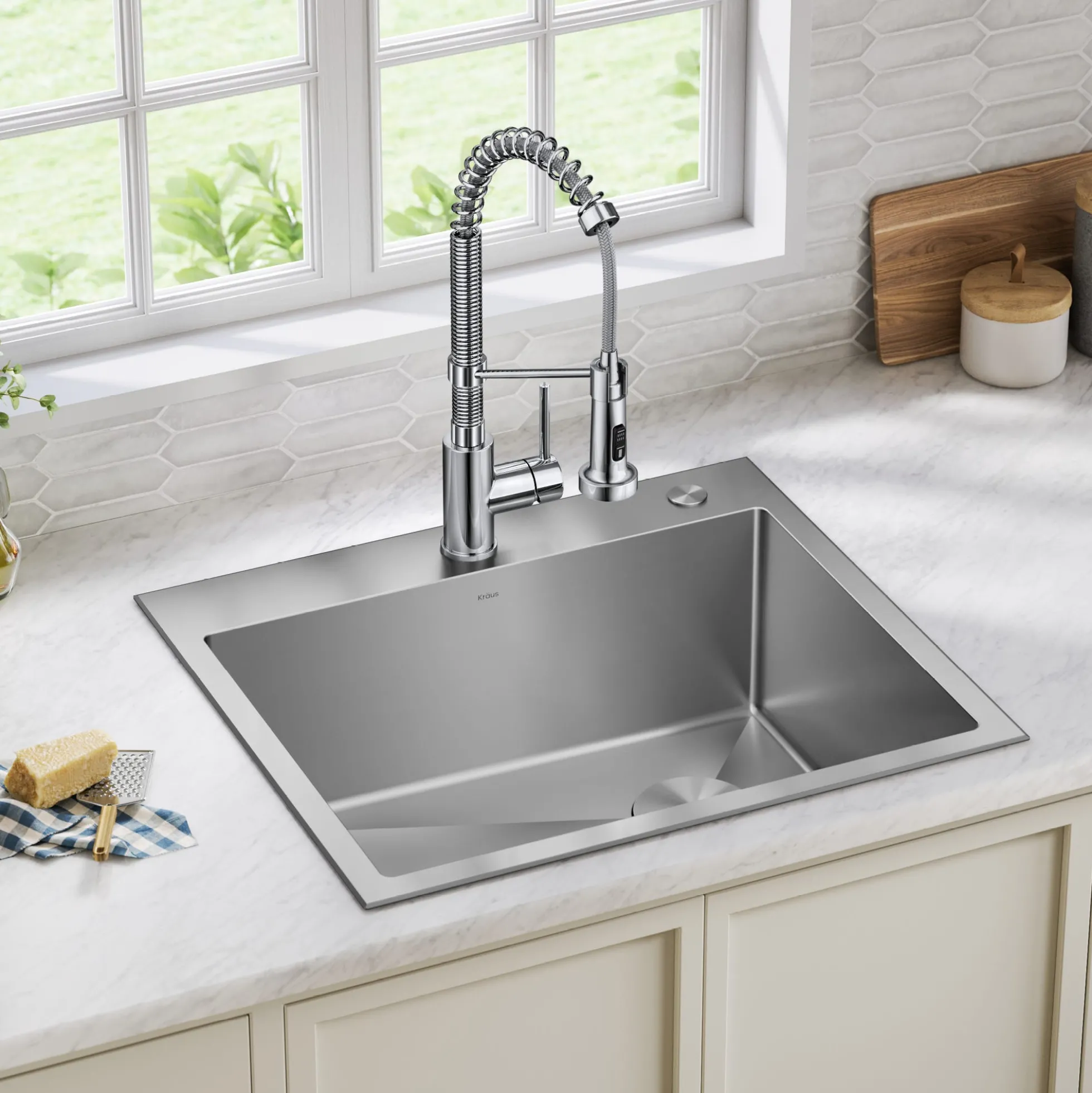 25" Drop-In/Top Mount Kitchen Sink w/ Bolden Commercial Pull-Down Faucet in Chrome