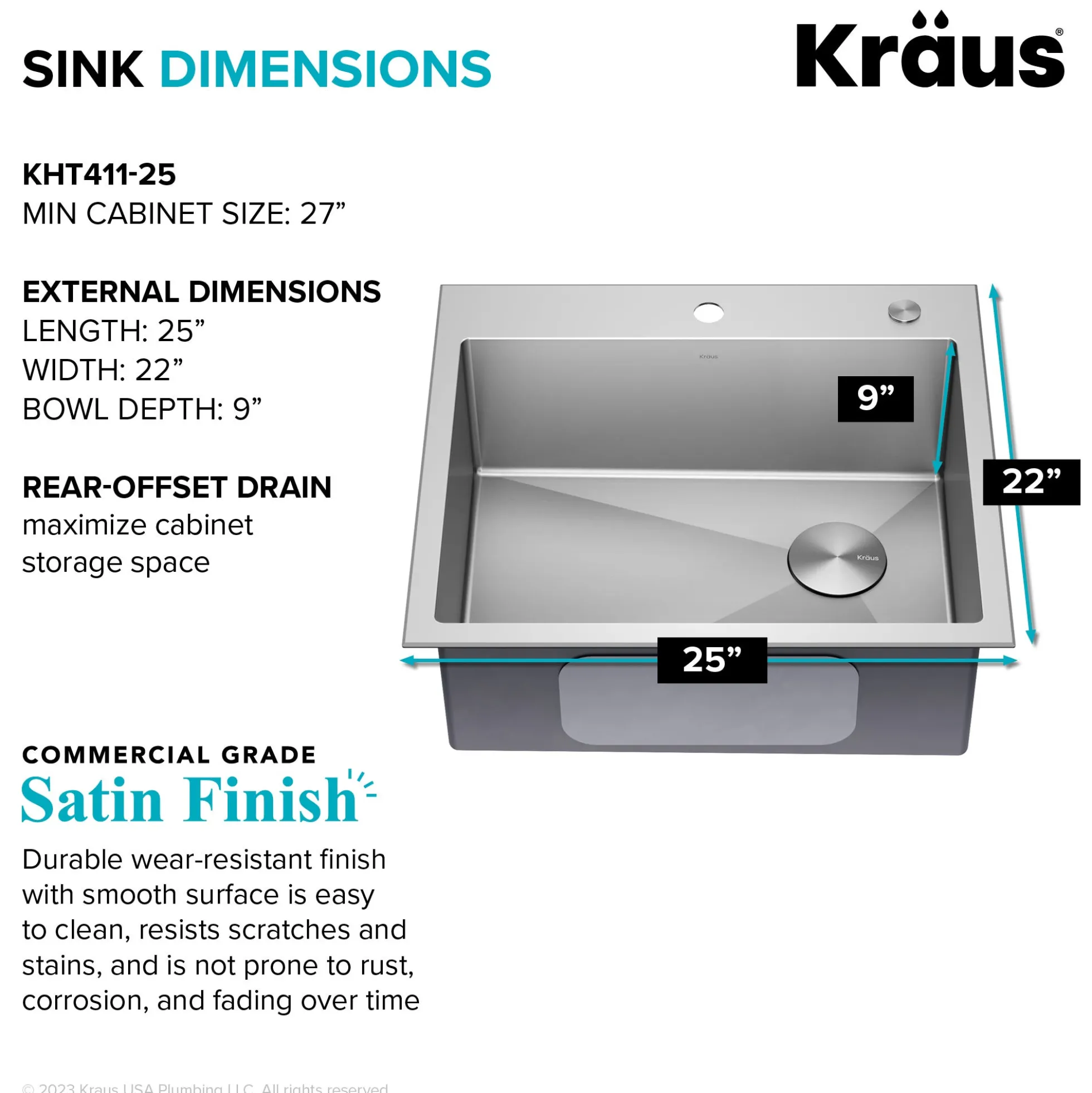 25" Drop-In/Top Mount Kitchen Sink w/ Bolden Commercial Pull-Down Faucet in Chrome