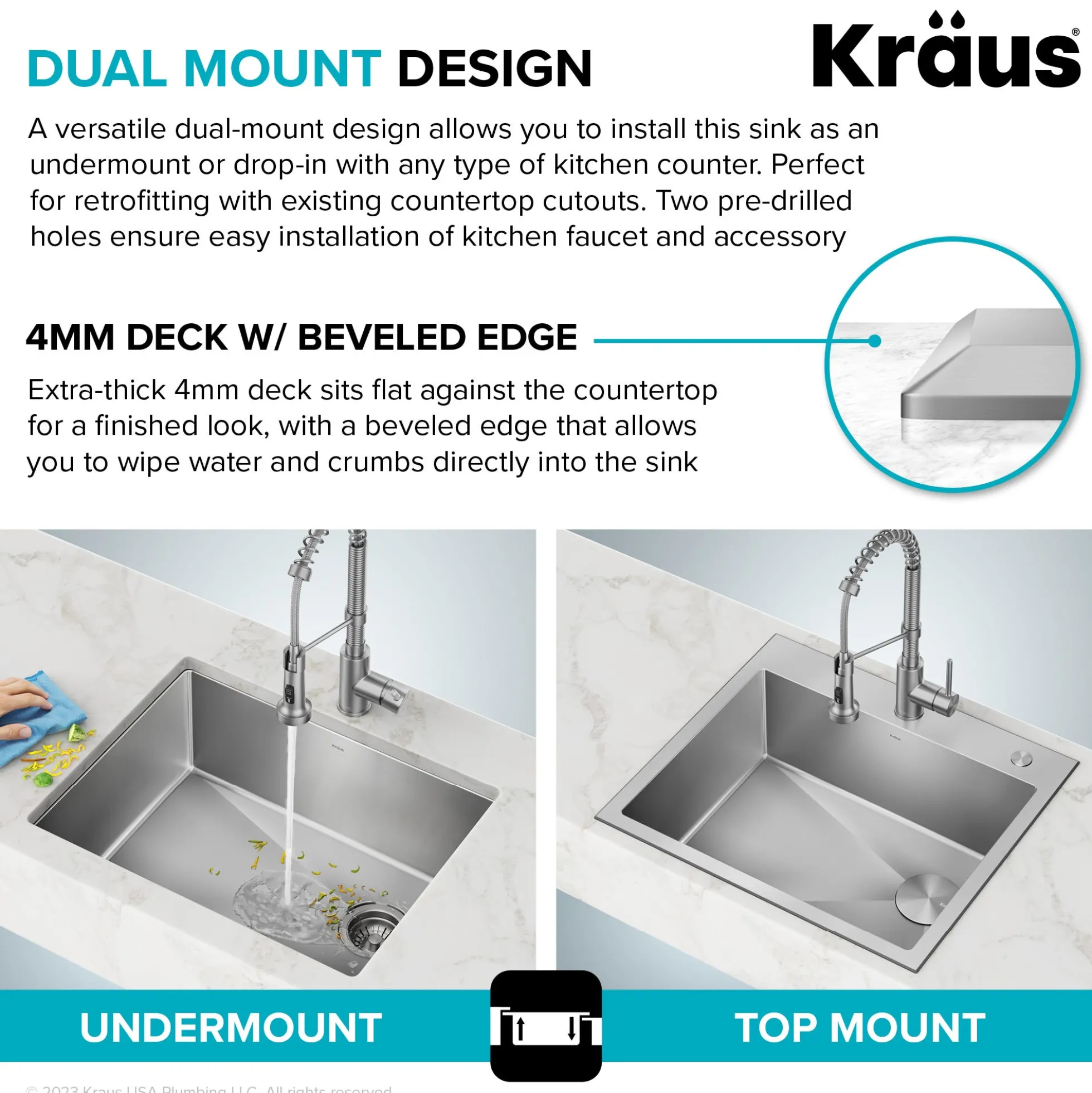 25" Drop-In/Top Mount Kitchen Sink w/ Bolden Commercial Pull-Down Faucet in Chrome