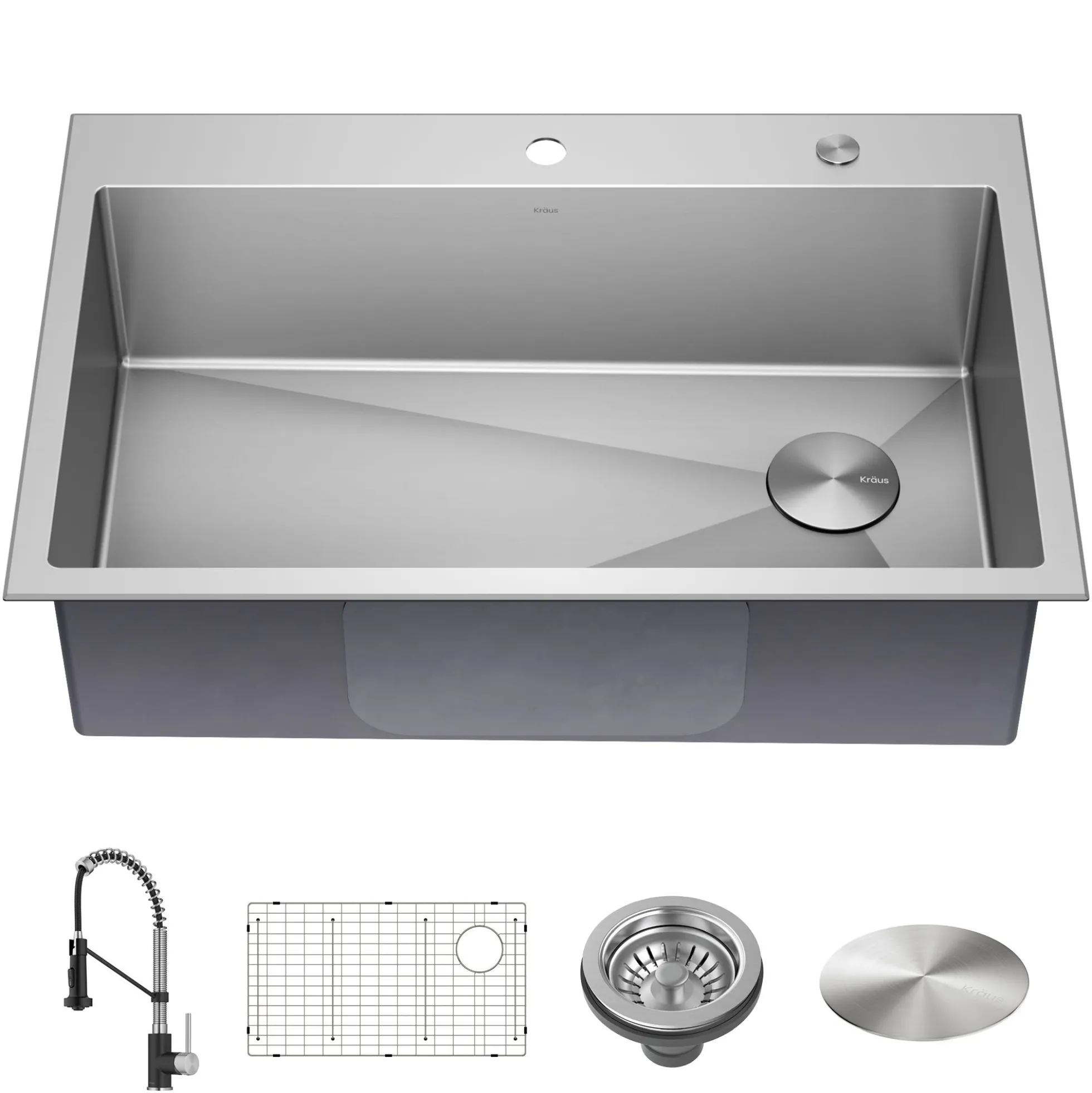 33" Drop-In/Top Mount Kitchen Sink w/ Bolden Commercial Pull-Down Faucet in Spot Free Stainless Steel/Matte Black