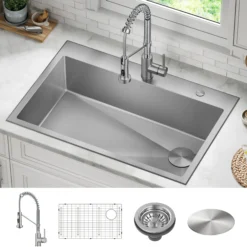 33" Drop-In/Top Mount Kitchen Sink w/ Bolden Commercial Pull-Down Faucet in Spot Free Stainless Steel/Chrome