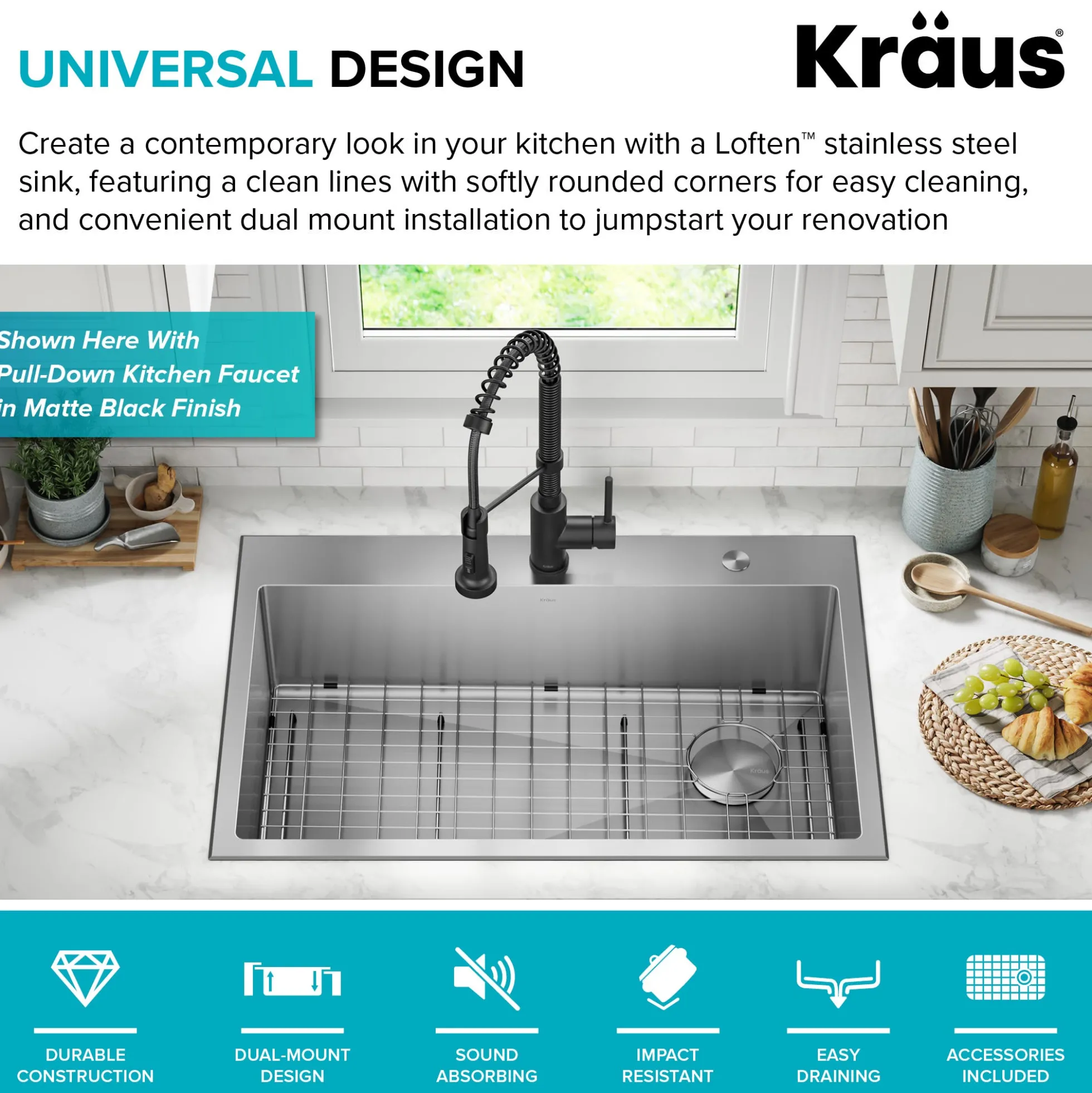 33" Drop-In/Top Mount Kitchen Sink w/ Bolden Commercial Pull-Down Faucet in Spot Free Stainless Steel/Chrome
