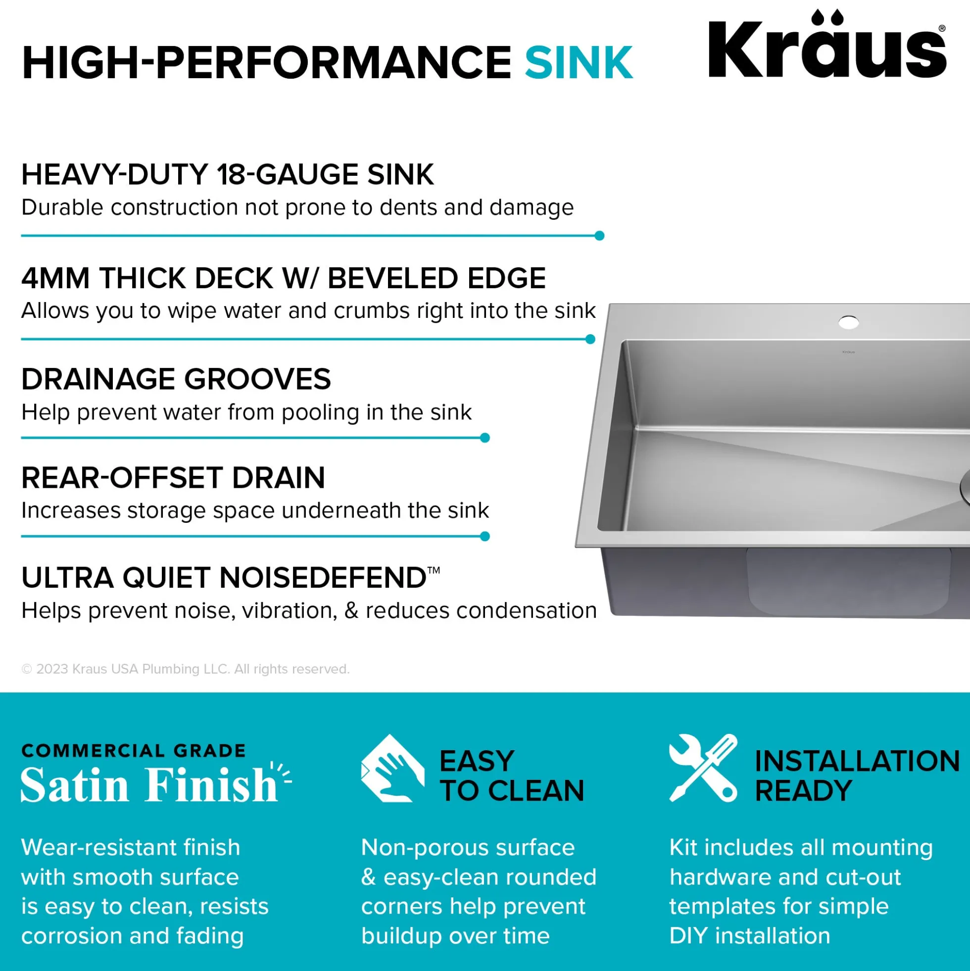 33" Drop-In/Top Mount Kitchen Sink w/ Bolden Commercial Pull-Down Faucet in Spot Free Stainless Steel/Chrome