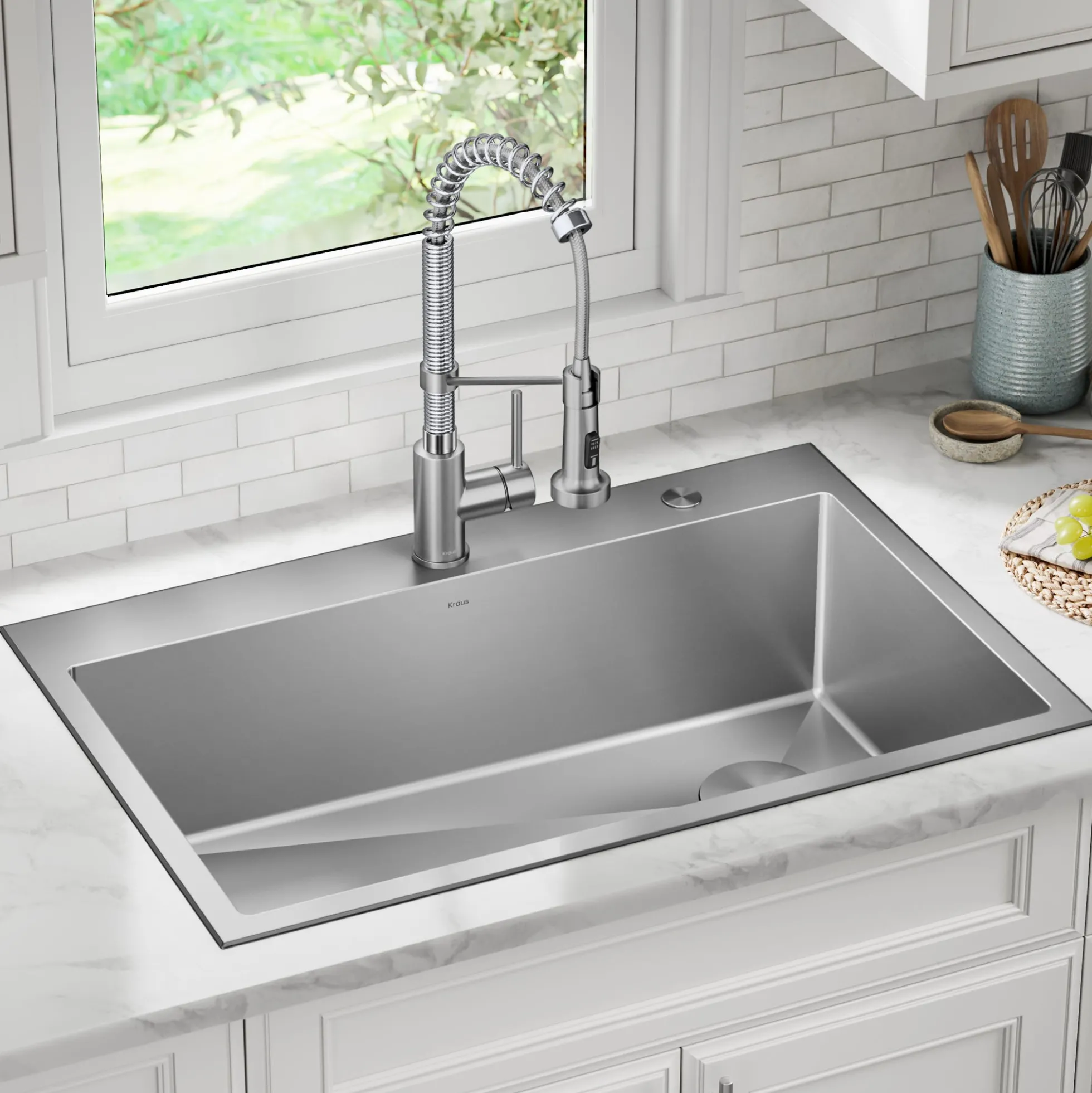33" Drop-In/Top Mount Kitchen Sink w/ Bolden Commercial Pull-Down Faucet in Spot Free Stainless Steel/Chrome