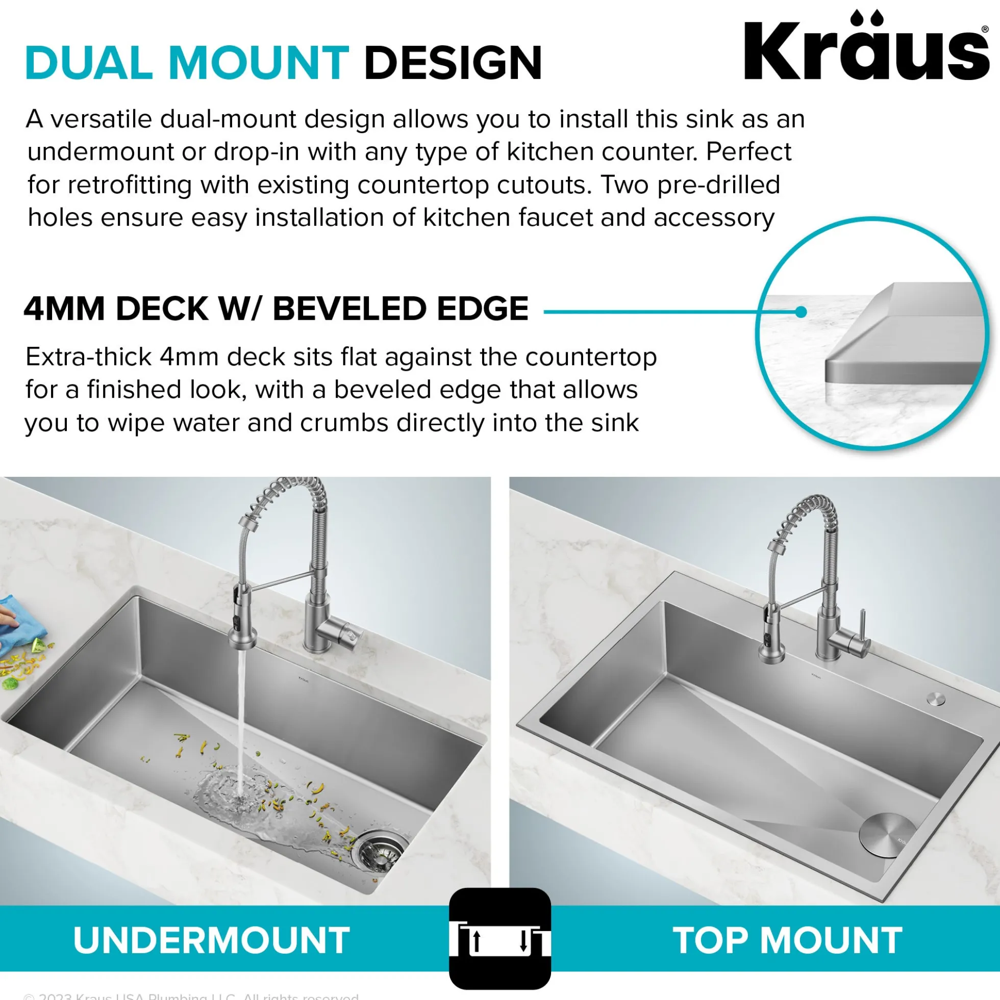33" Drop-In/Top Mount Kitchen Sink w/ Bolden Commercial Pull-Down Faucet in Matte Black