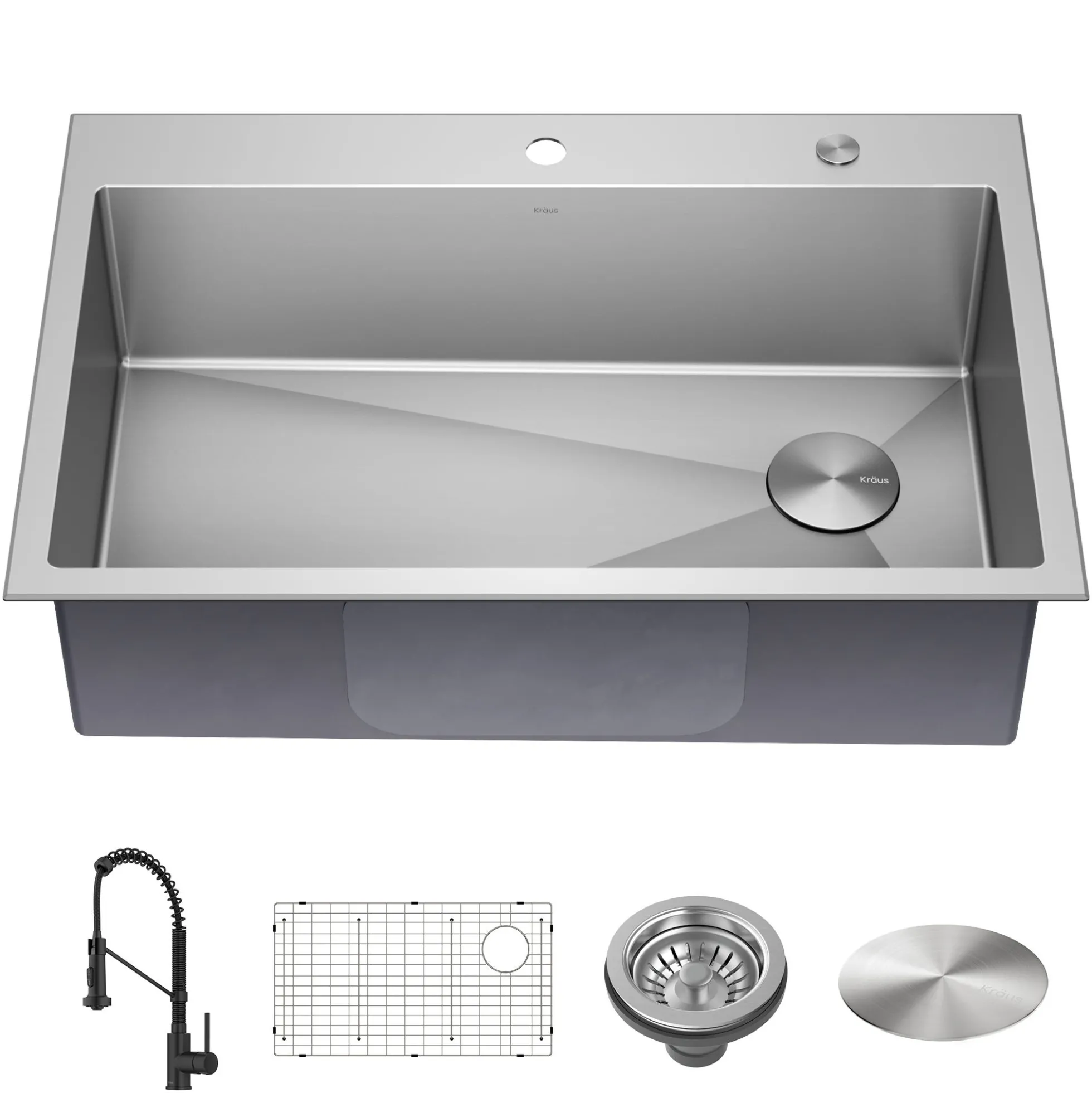 33" Drop-In/Top Mount Kitchen Sink w/ Bolden Commercial Pull-Down Faucet in Matte Black