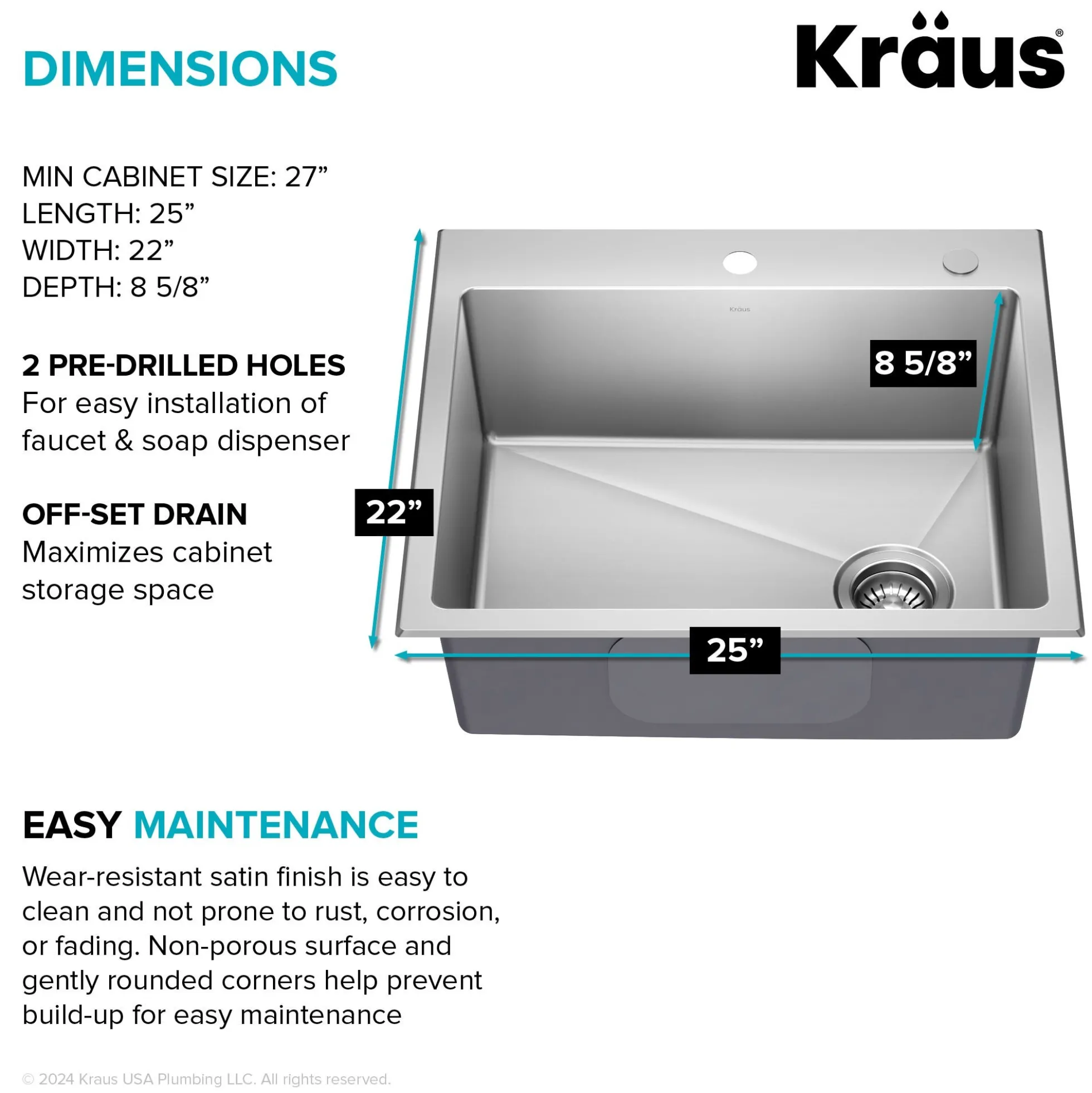25” Drop In / Top Mount Single Bowl 18-Gauge Stainless Steel Kitchen Sink