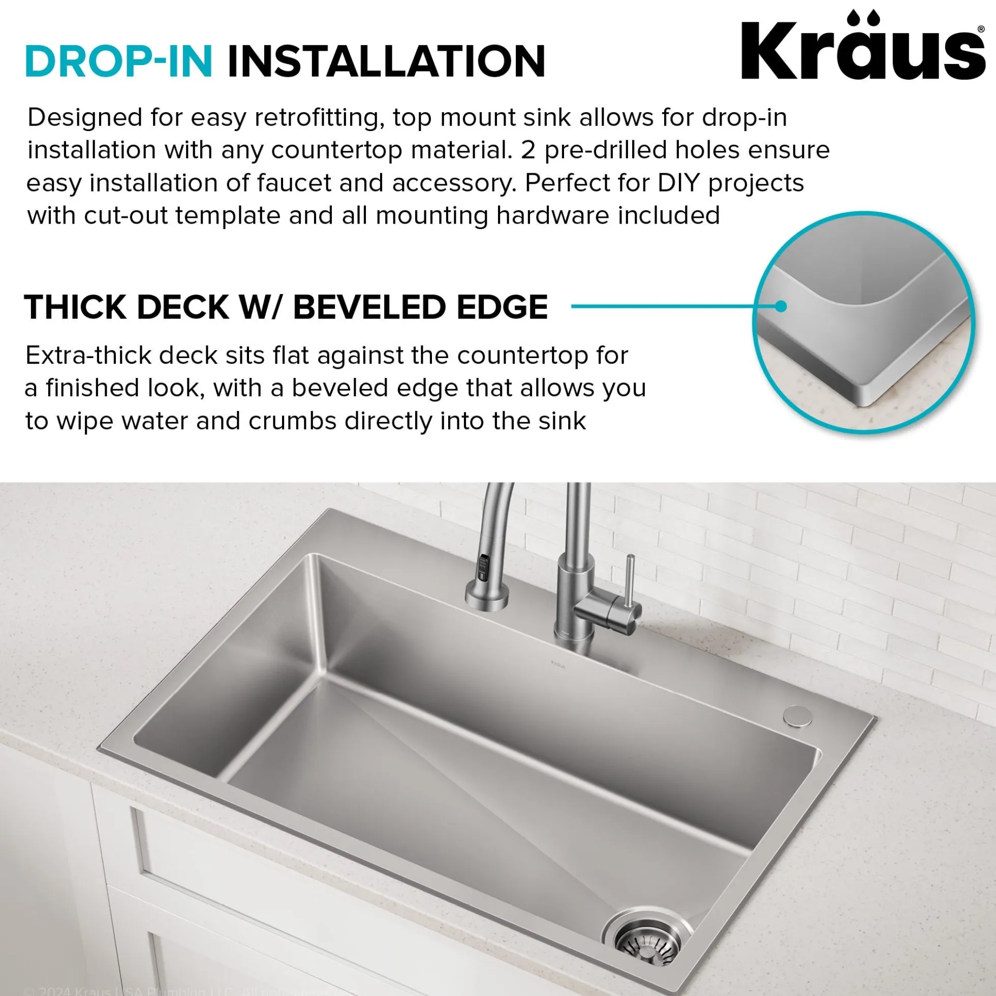 25” Drop In / Top Mount Single Bowl 18-Gauge Stainless Steel Kitchen Sink