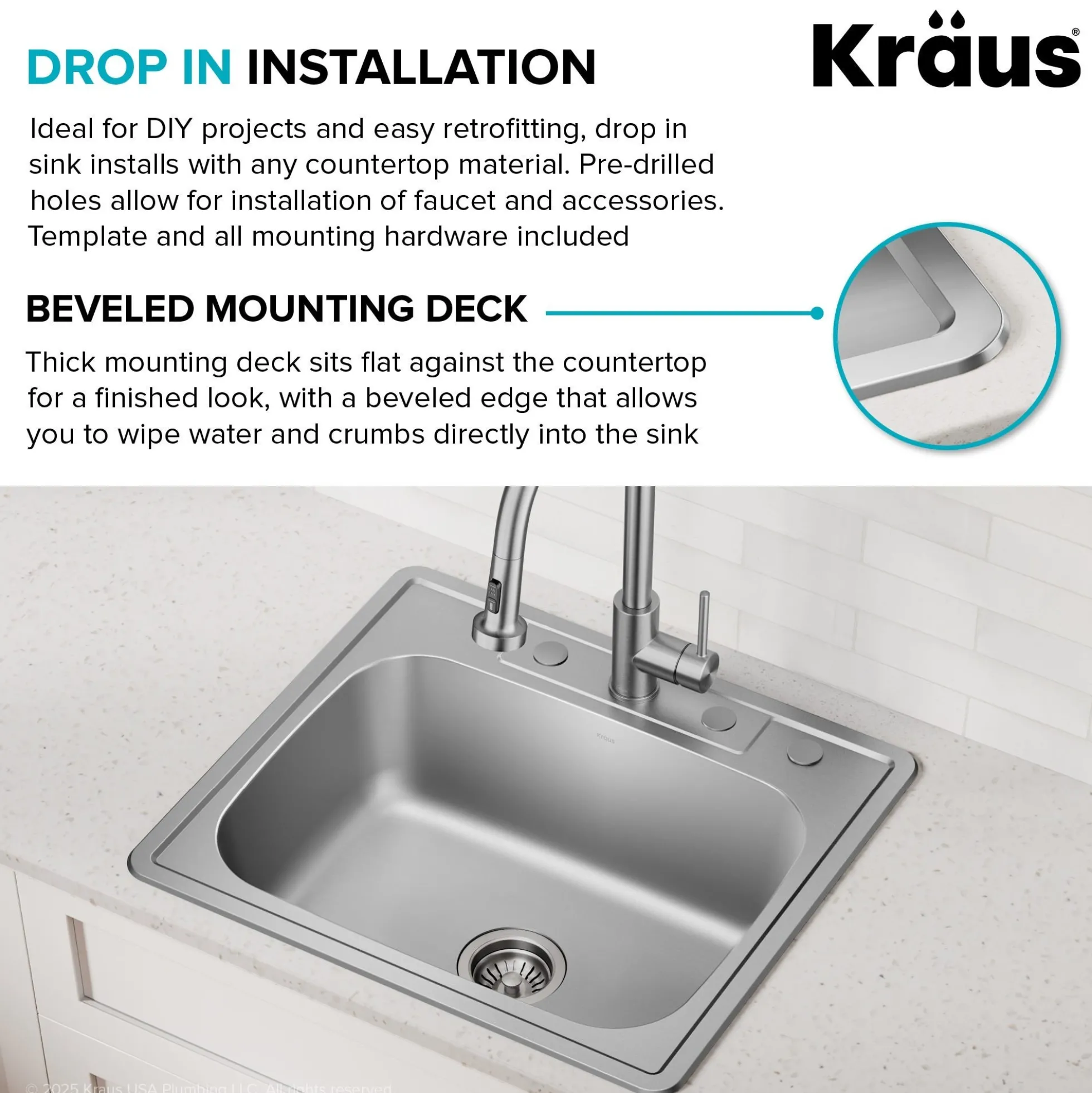 25” Drop In / Top Mount Single Bowl 18-Gauge Stainless Steel Kitchen Sink