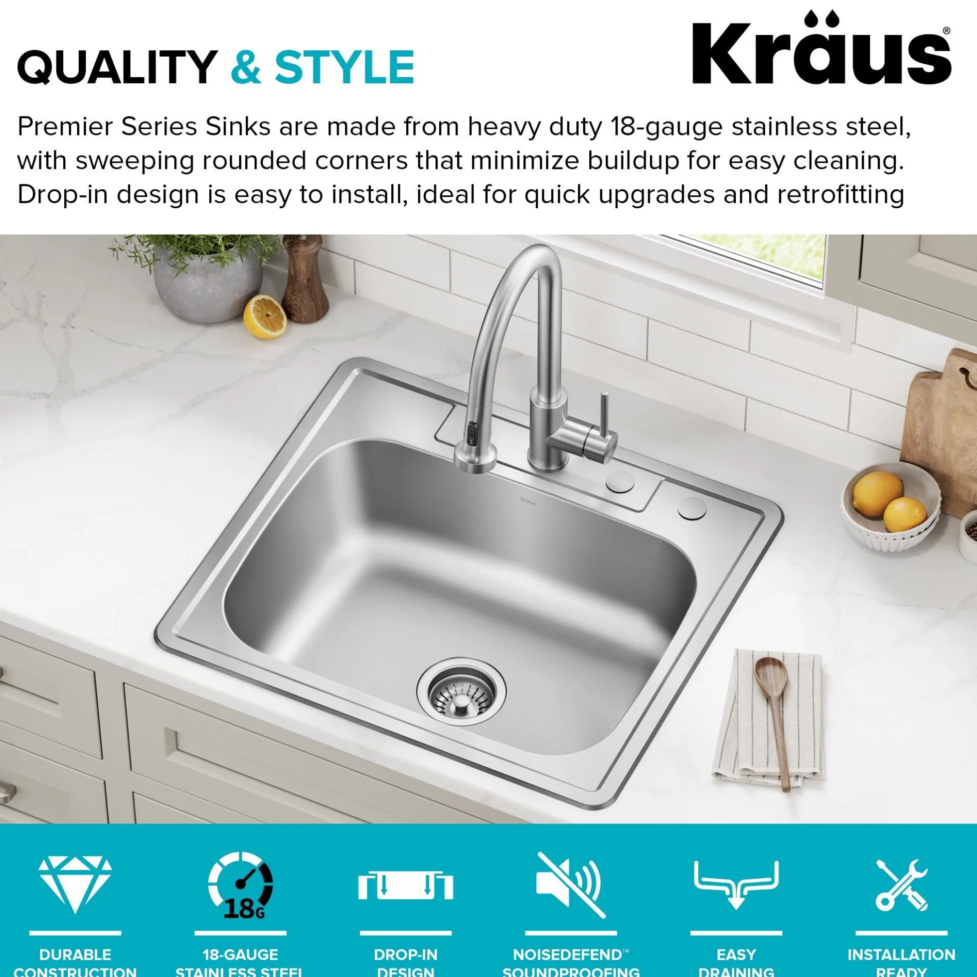 25” Drop In / Top Mount Single Bowl 18-Gauge Stainless Steel Kitchen Sink